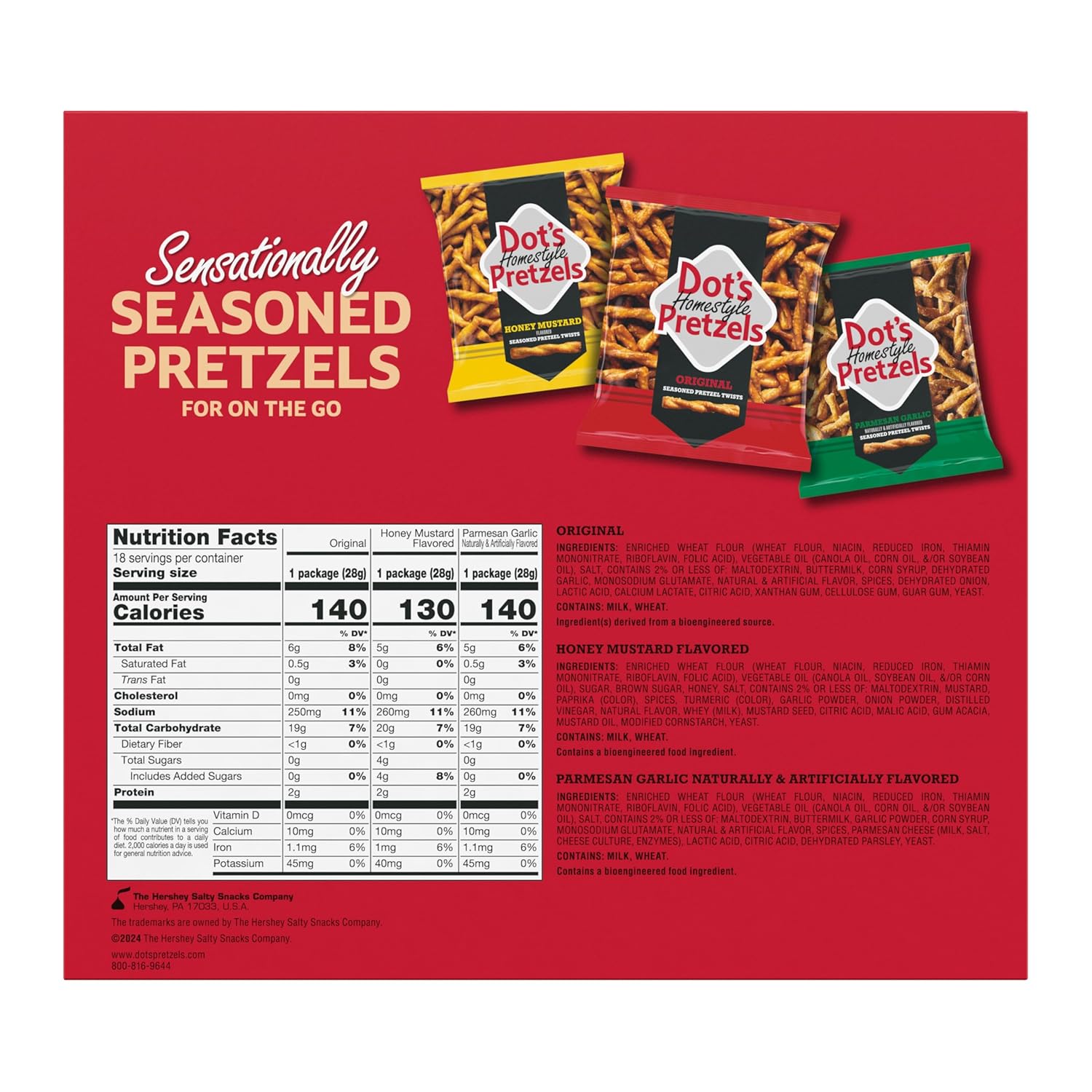Dot's Homestyle Pretzels Variety Pack, 18-count, 1oz Individually Sized Bags, Original, Honey Mustard, and Parmesan Garlic Twist Snack