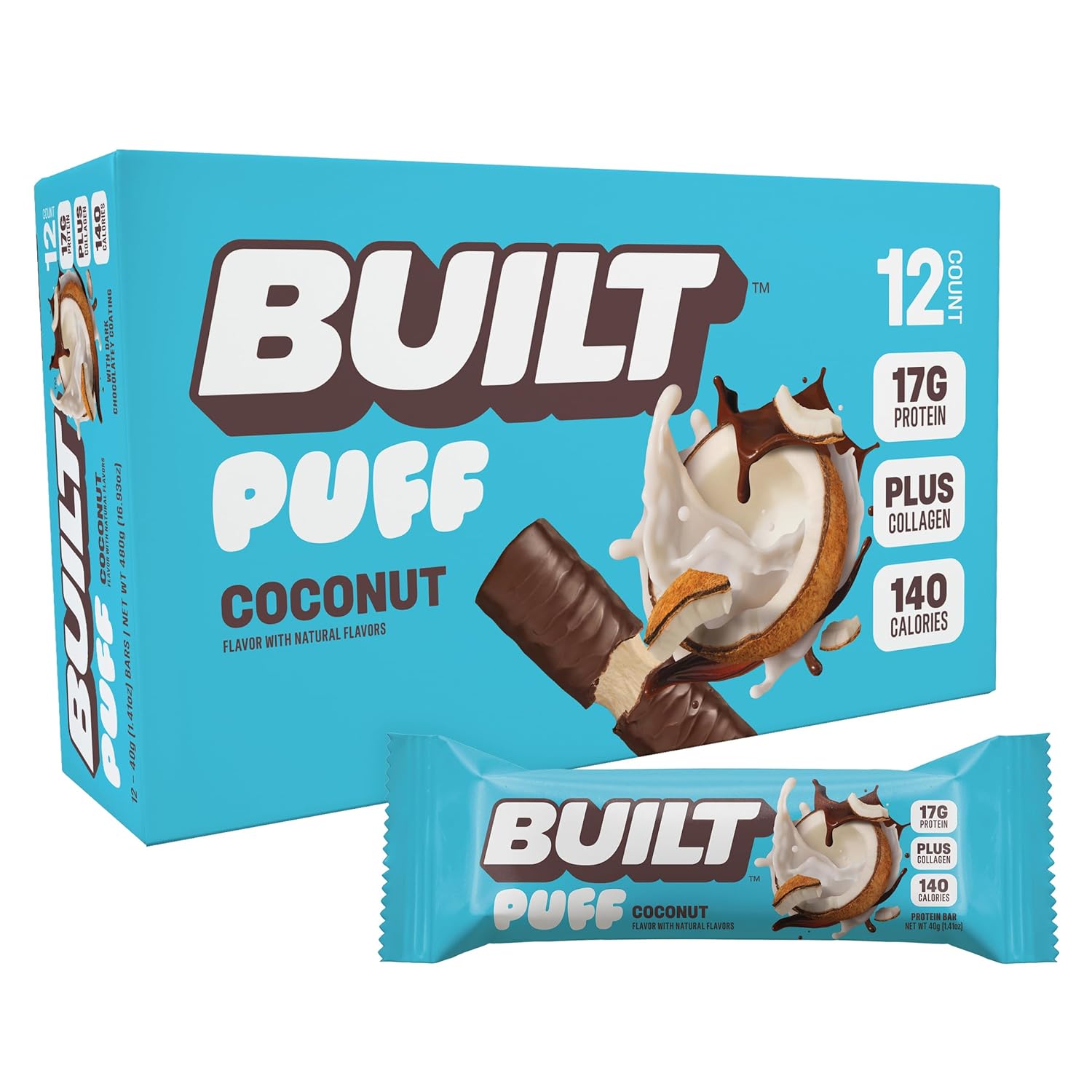 built bar coconut puff protein bars, 17g protein, 140 calories, 6g sugar, collagen, gluten free, 12 count