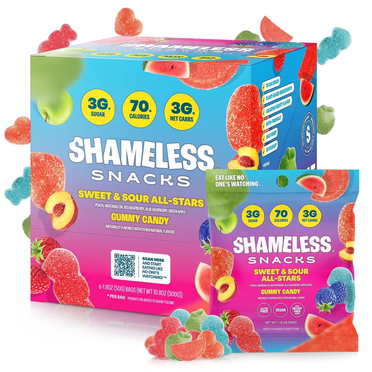 Shameless Snacks 6-pack Sweet & Sour All-Stars, Low Sugar, Vegan, Gluten-Free, Fruity Candy Variety Pack, 6 Count