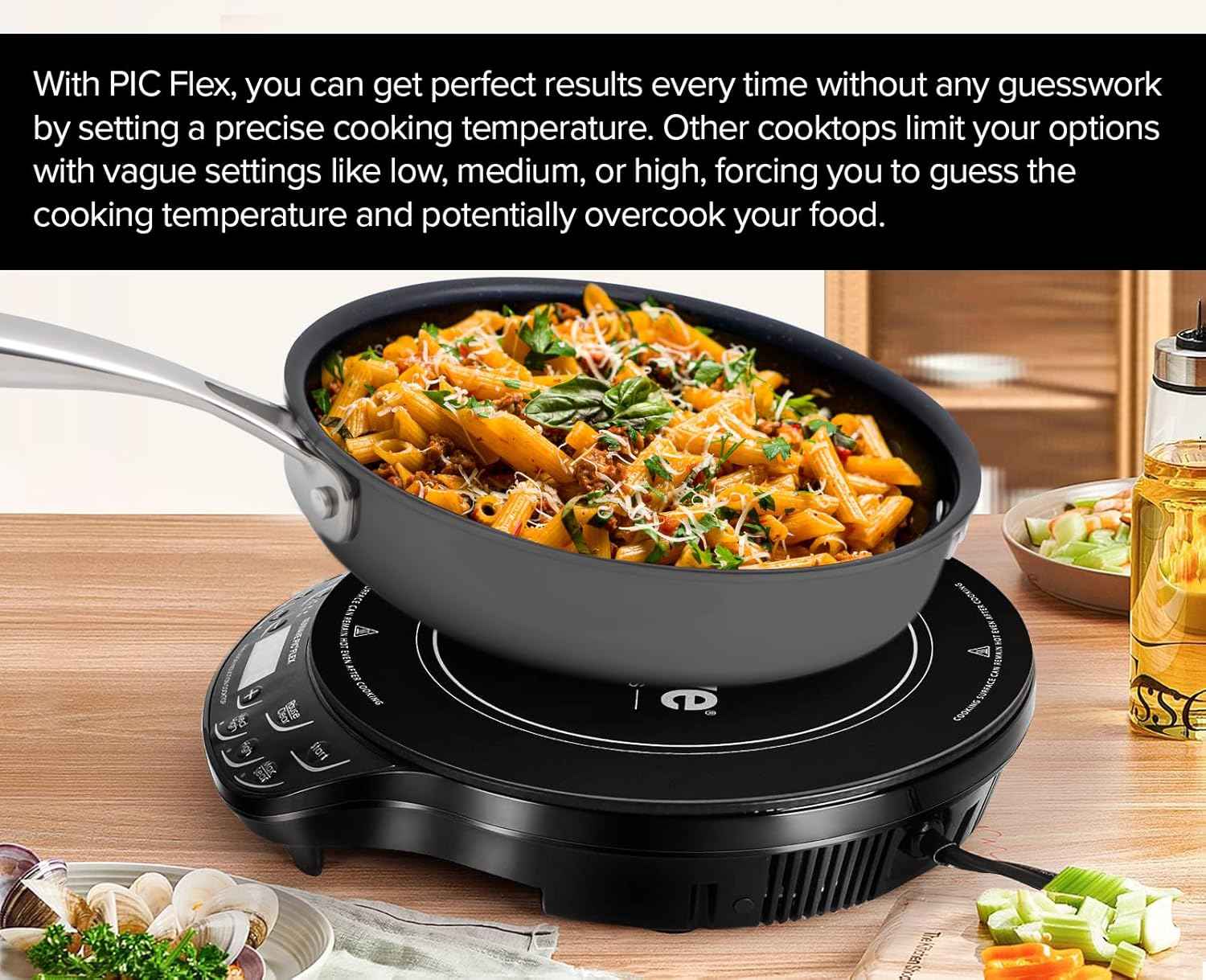 NUWAVE Flex Precision Induction Cooktop, 10.25” Shatter-Proof Ceramic Glass, 6.5” Heating Coil, 45 Temps from 100°F to 500°F, 3 Wattage Settings 600, 900 & 1300 Watts, 9” Duralon Ceramic Pan Included