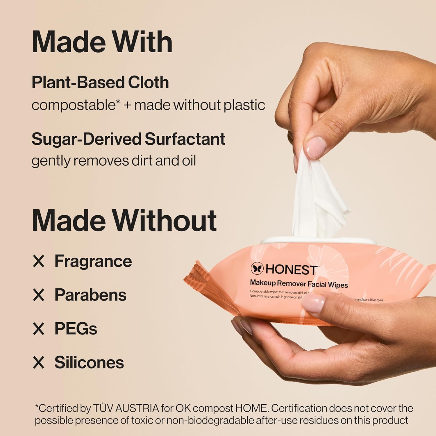 Honest Beauty fragrance-free, plant-based, gentle facial wipes for sensitive skin - 90 count