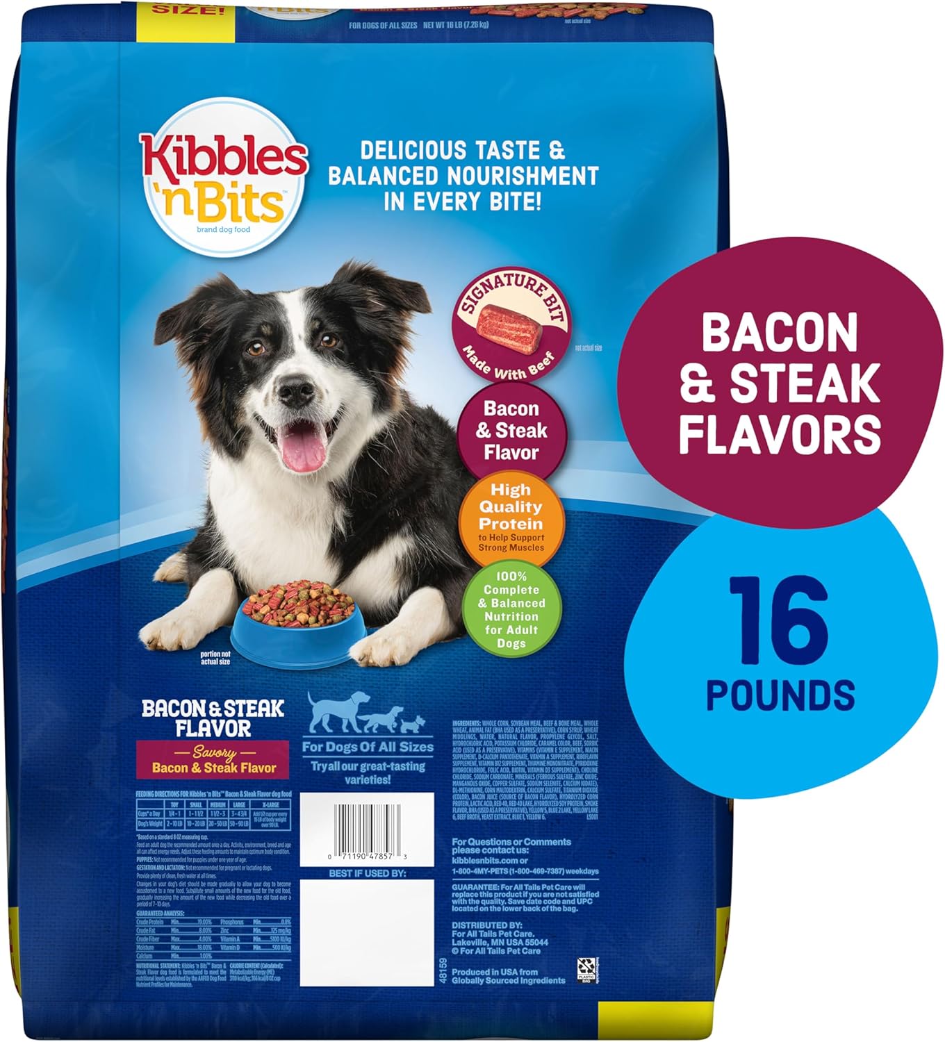 Kibbles 'n Bits Savory Bacon & Steak Adult Dog Food, 100% Complete, 16 lb. Bag
