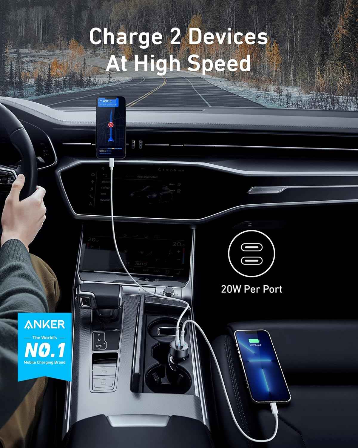 Anker USB C Car Charger, 40W 2-Port PowerIQ 3.0 Type C Adapter, iPhone 17 Car Charger, PowerDrive III Duo with Power Delivery for iPhone 17/17 Pro Max/16/15/14 Series, Galaxy S24/23,AirPods and More