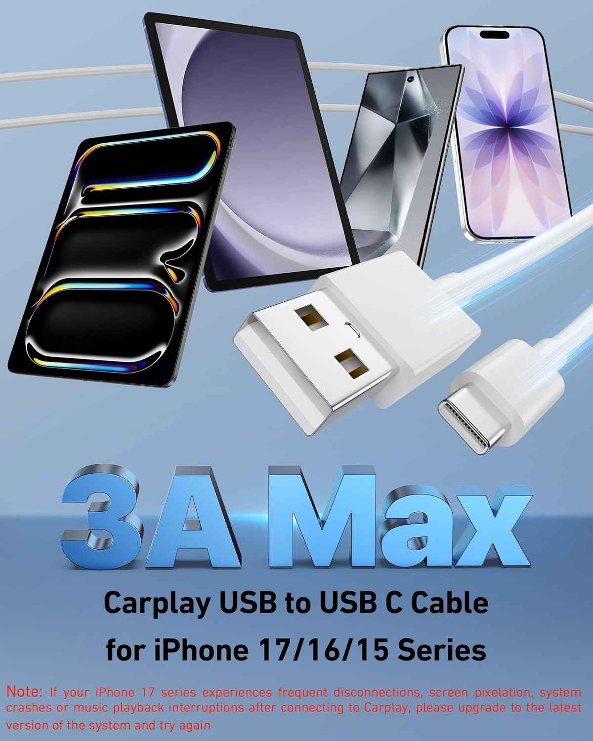 Car Carplay Cable for iPhone 17/17 Pro/Air/16e/16/15 Pro Max/Plus Cable, 2Pack USB A to USB C for CarPlay USBC Cord, iPad, Galaxy, Pixel, Android Accessories Charging Wire Type-C Car Charger Cord 3FT