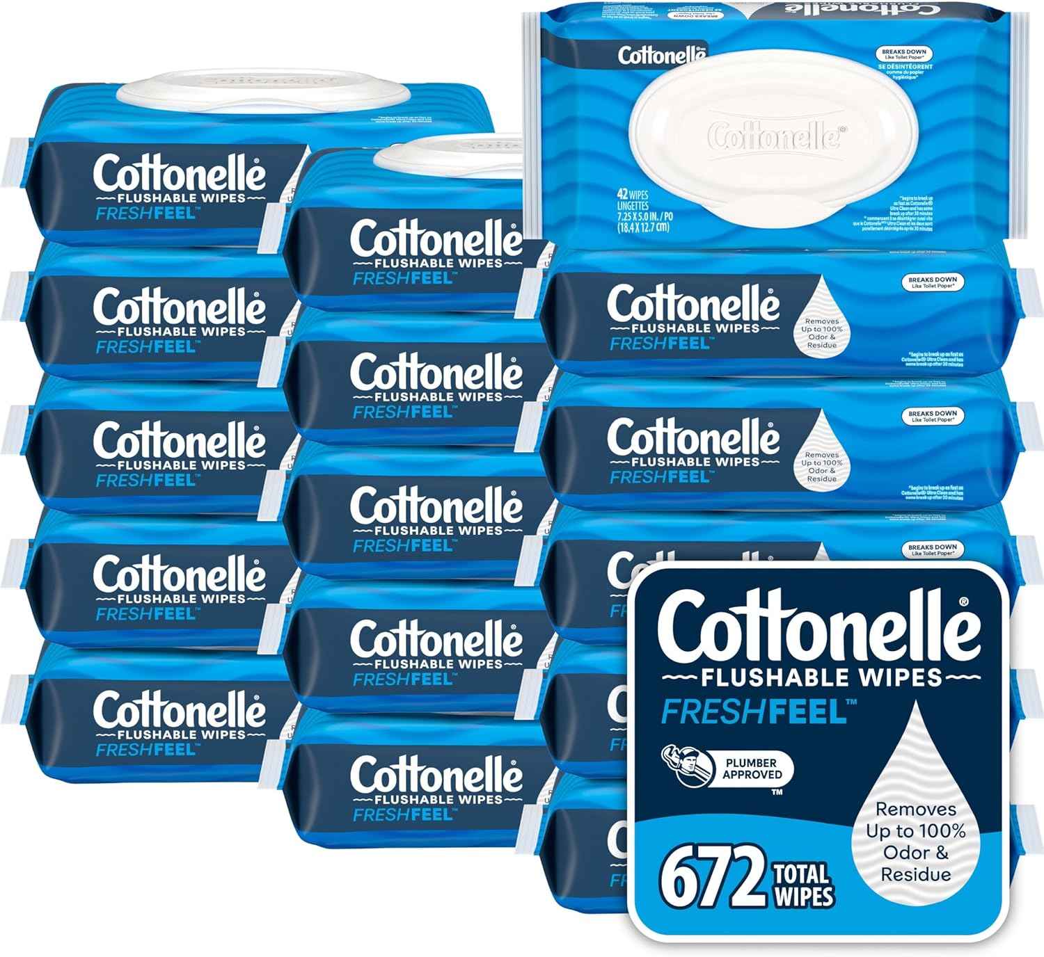 Cottonelle Fresh Feel Flushable Wet Wipes, Adult Wet Wipes, 8 Flip-Top Packs, 42 Wipes Per Pack (336 Total Wipes), Packaging May Vary