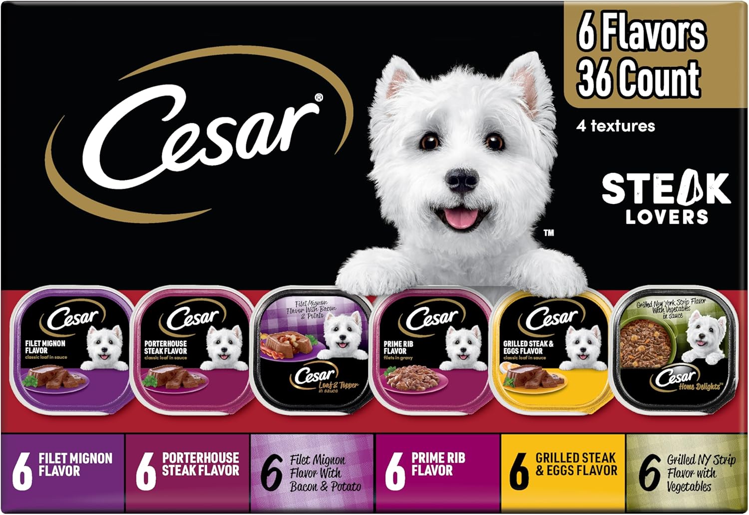 cesar steak lovers variety pack adult wet dog food real meat 36 count 3.5 oz easy peel trays