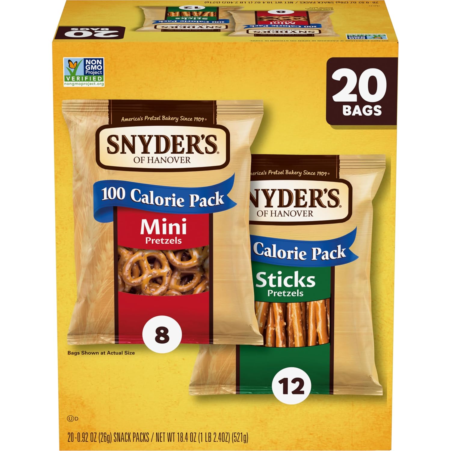 Snyder's of Hanover variety pack pretzels, 20 count, 0.92 oz, non-GMO, peanut-free, individually wrapped snack packs