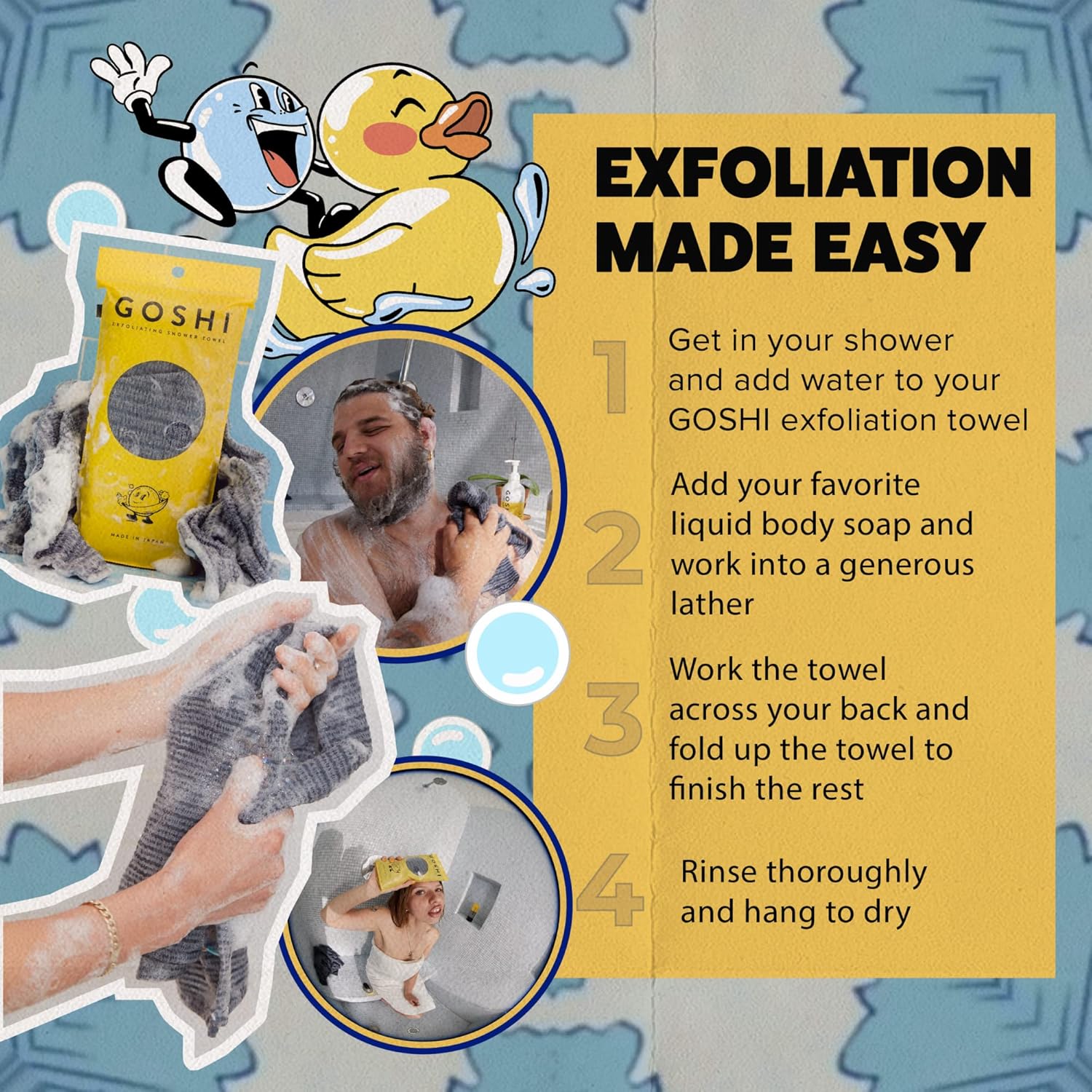 GOSHI exfoliating shower towel - rip-resistant exfoliating washcloth for all skin types - made in japan - soft and gentle
