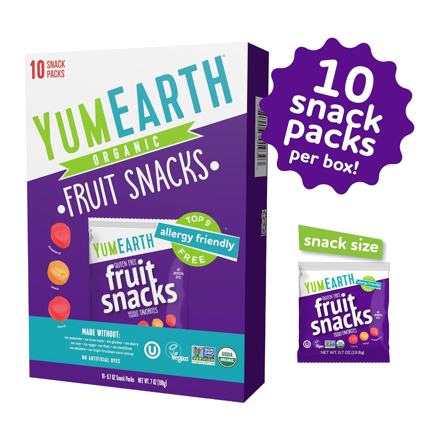 yumearth organic fruit snacks box, 0.7 ounce, pack of 10, 10 count
