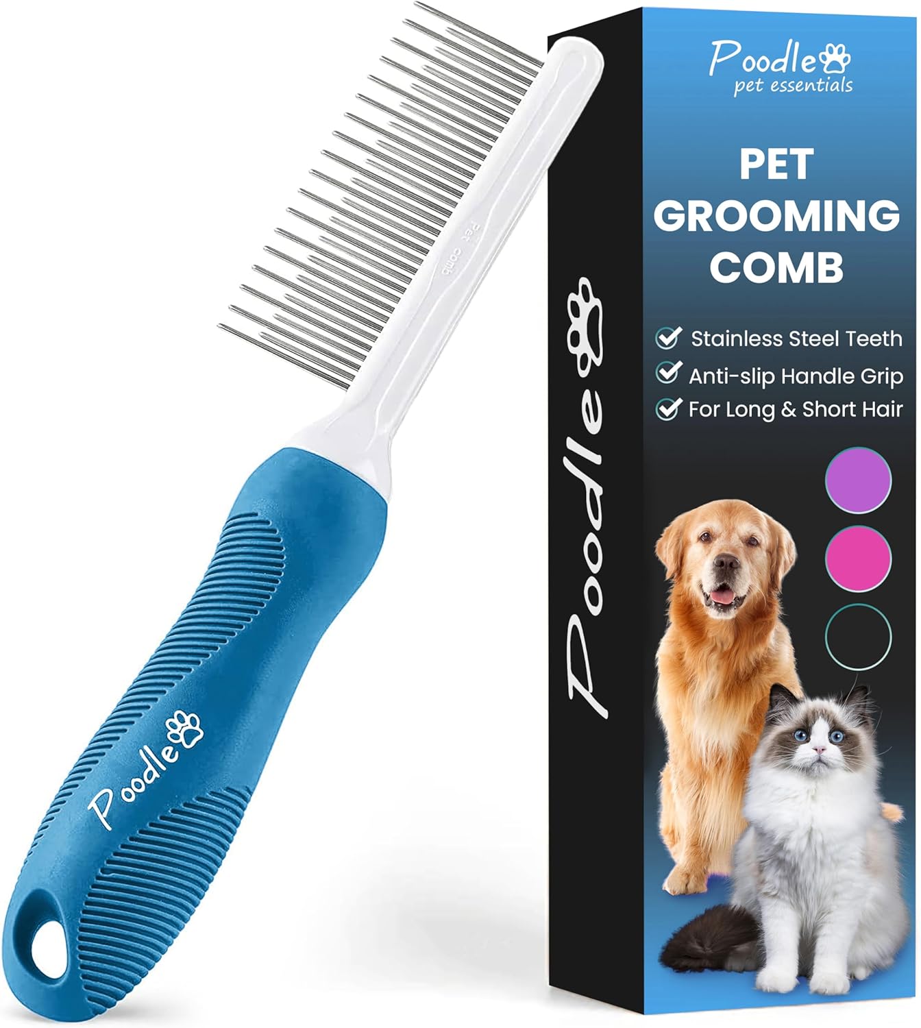 poodle-dematting-fur-rake-comb-brush-for-dogs-and-cats-with-long-2.5inch-steel-safety-blades