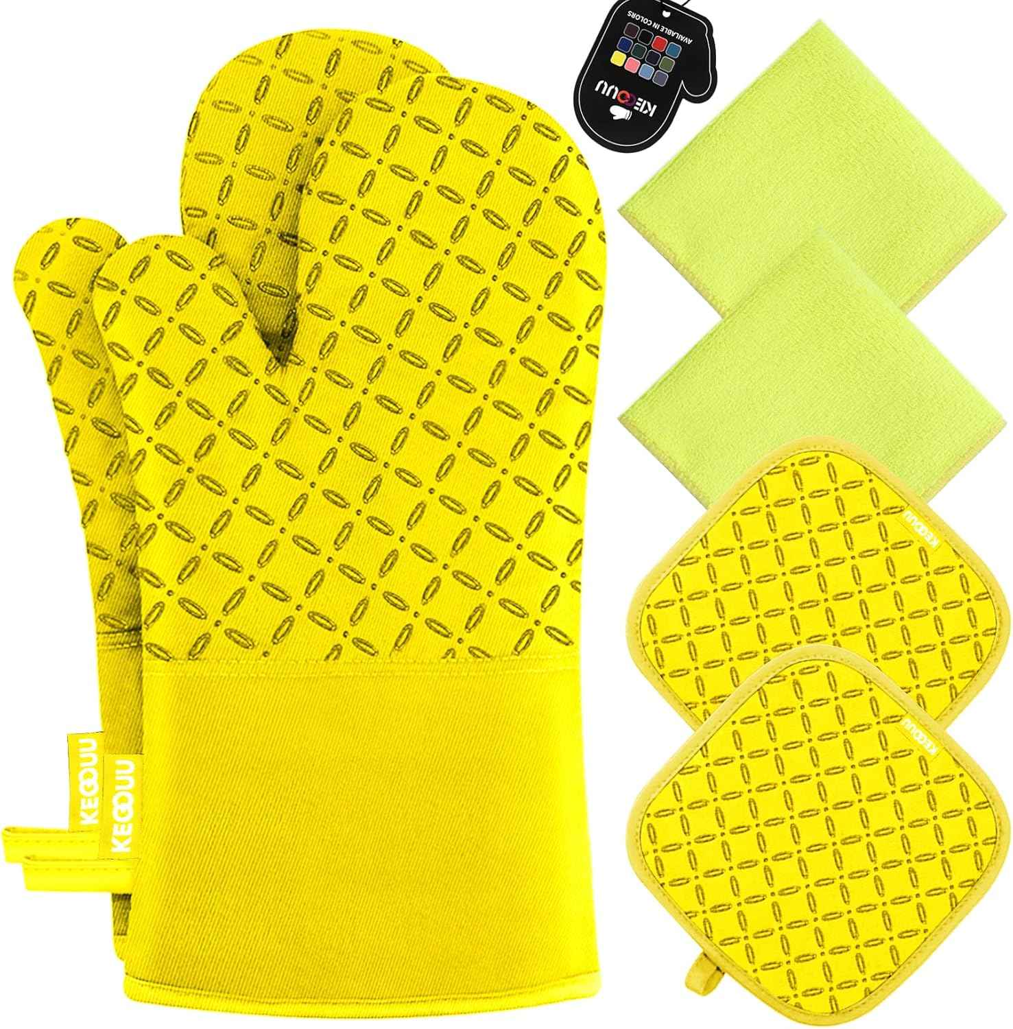 KEGOUU Oven Mitts and Pot Holders 6pcs Set, Kitchen Oven Glove High Heat Resistant 500 Degree Extra Long Oven Mitts and Potholder with Non-Slip Silicone Surface for Cooking (Grey)
