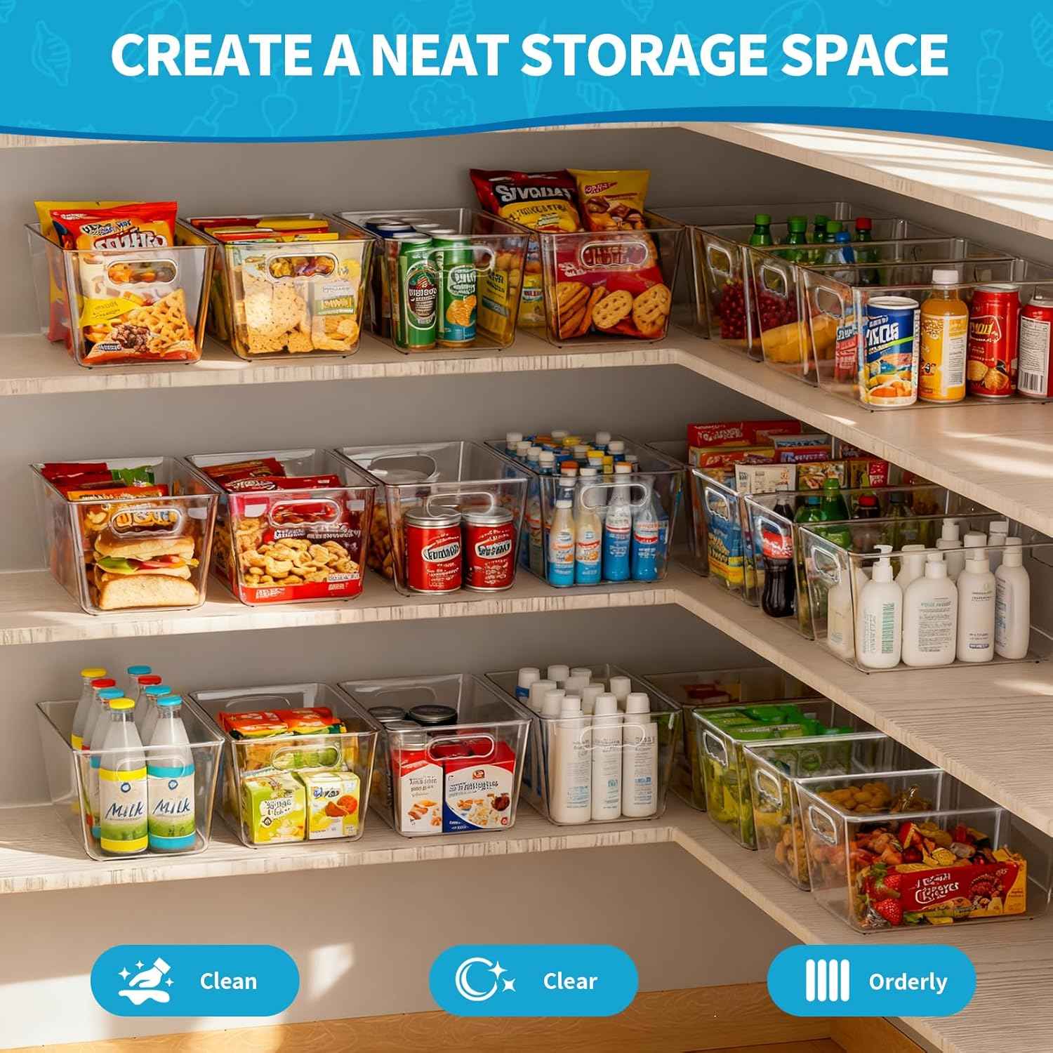 Clear Plastic Storage Bins, 4-Pack Stackable Pantry Organizers and Storage Containers for Kitchen, Fridge, Cabinet and Closet Organization - Home Essentials
