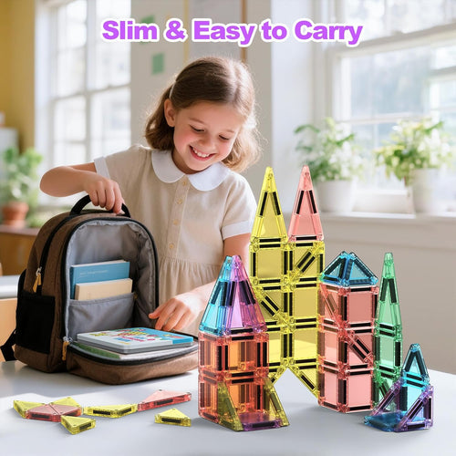 BAIJLE 46PCS Mini Magnetic Tiles, for Kids, Portable Magnetic Toys Travel Set with Iron Case for Kids Ages 4-8,Creativity Boosting Building Toys Set,Toddler Puzzle for Boys and Girls Ages 3+