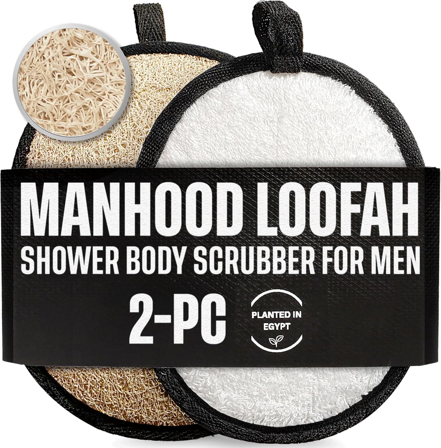 Natural loofah body scrubbers for men, black and white 2PCS Egyptian luffa sponge exfoliator set, durable men's hygiene pad