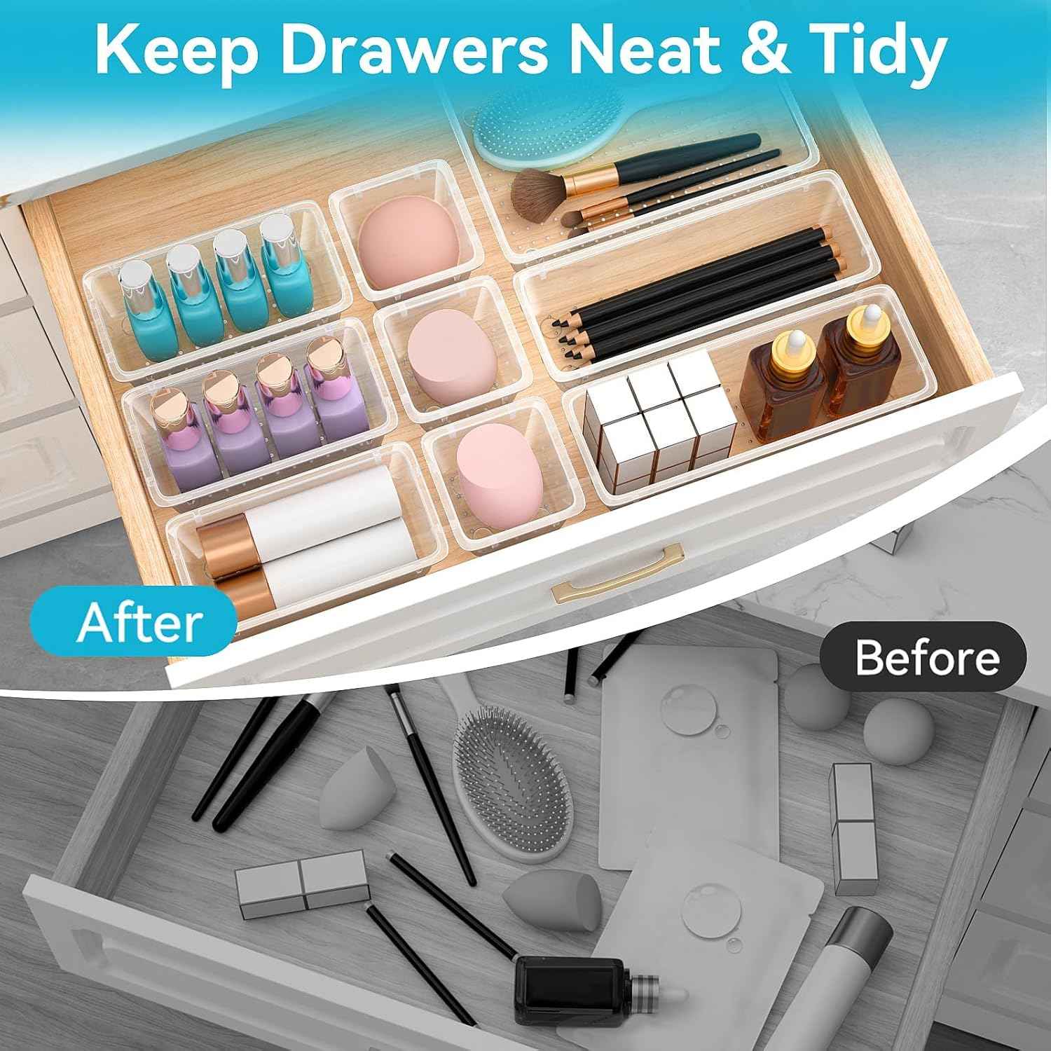 12 PCS Drawer Organizer Set, 4 Sizes Tool Storage Trays, Clear Plastic Makeup Vanity Organizer and Storage Bins for Makeup, Stationeries, Multiple Gadgets for Bathroom, Office, Bedroom