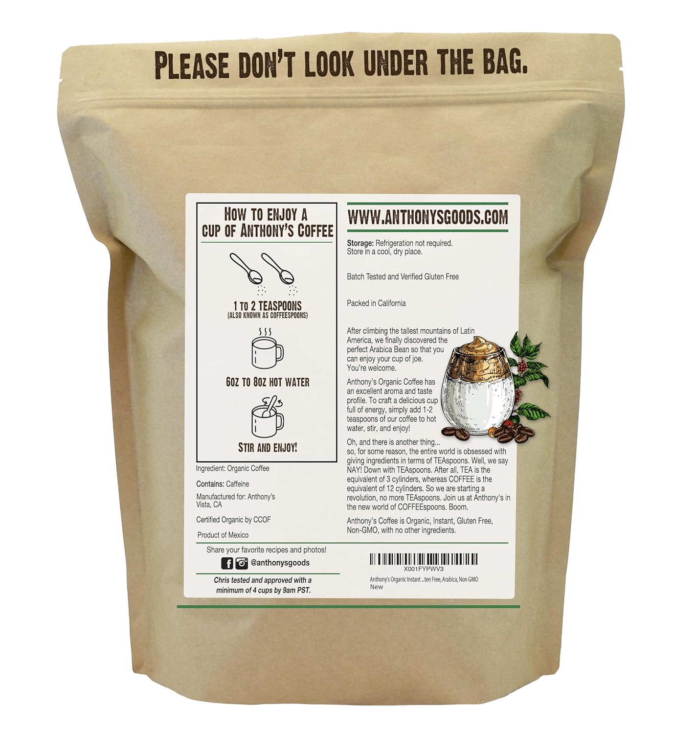 Anthony's organic ultra-fine microground instant coffee, 14oz, gluten-free, arabica, non-gmo