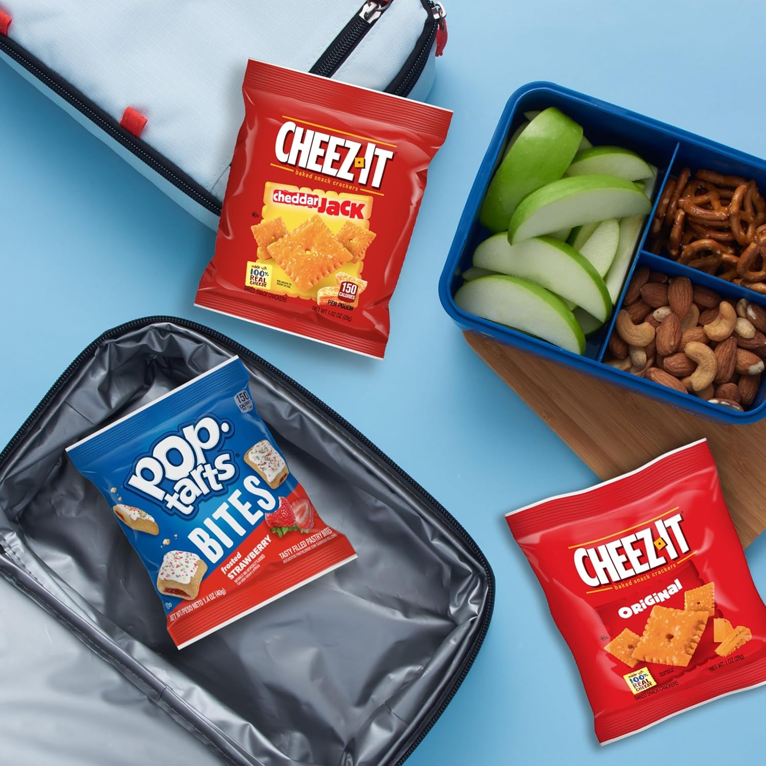 Cheez-It and Pop-Tarts snacks variety pack, 30 count, 33.42oz box, wheat, milk, and soy ingredients