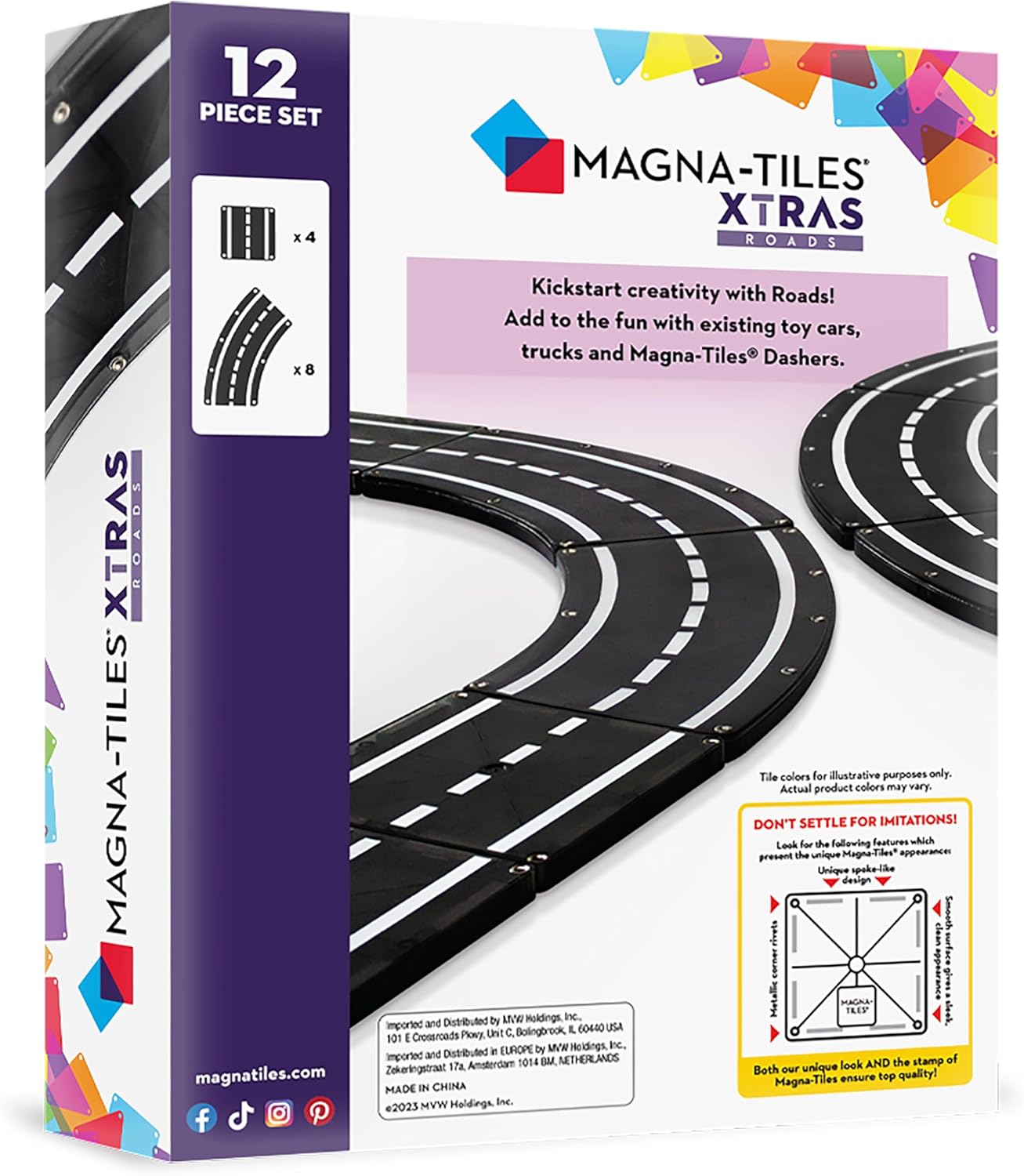 MAGNA-TILES XTRAS: Roads 12 Piece Magnetic Construction Set, The ORIGINAL Magnetic Building Brand