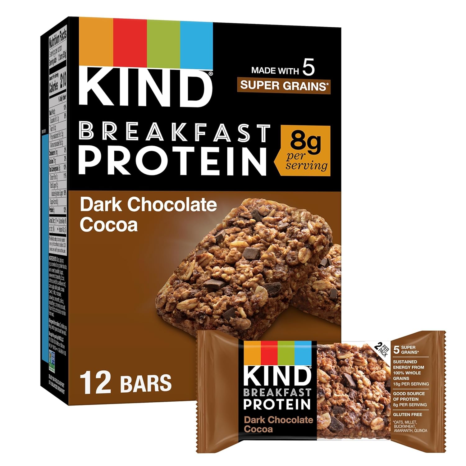kind breakfast protein bars, dark chocolate cocoa, gluten free, healthy 8g protein snacks, 6 count boxes