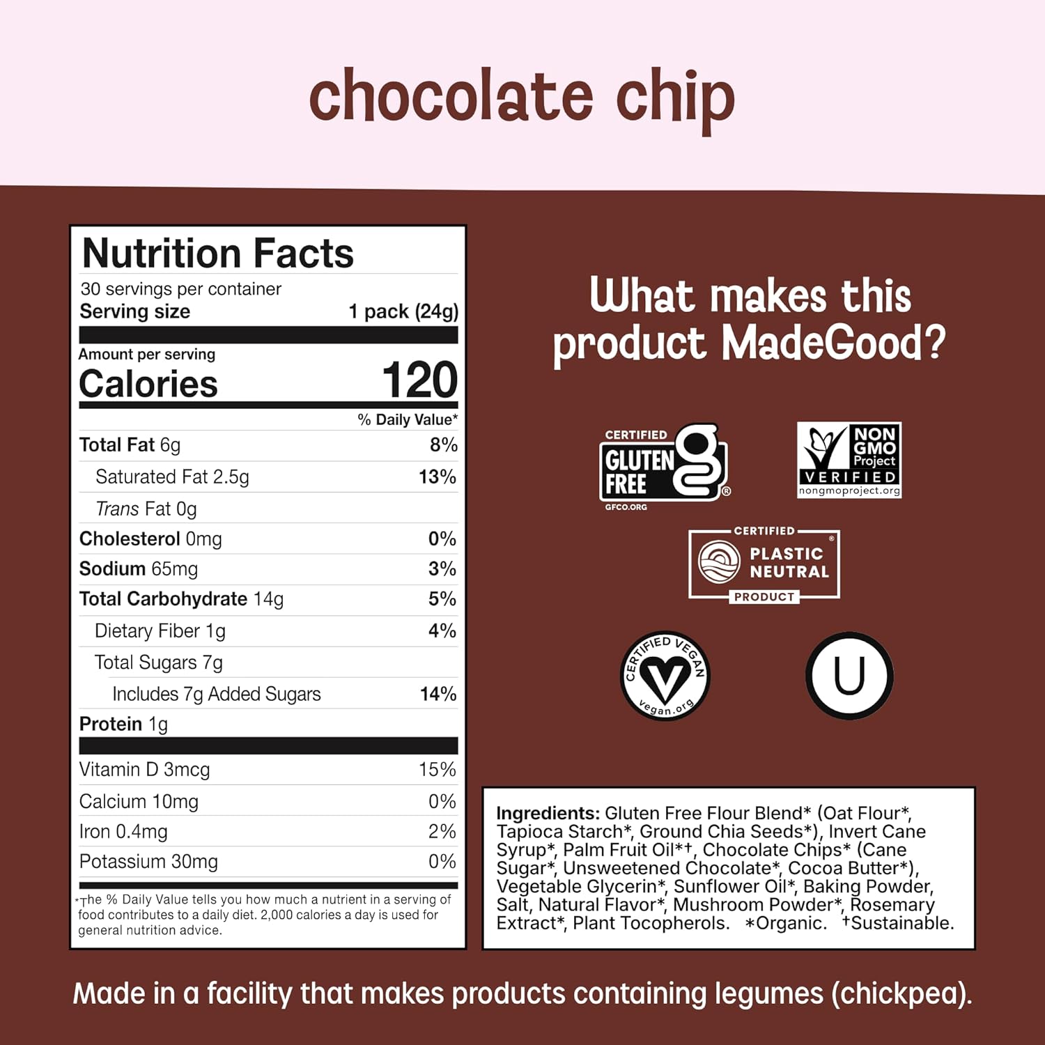 MadeGood Soft Baked Gluten-Free Chocolate Chip Mini Cookies, 30 Count, Perfect for School, Camping, or Movie Snacks