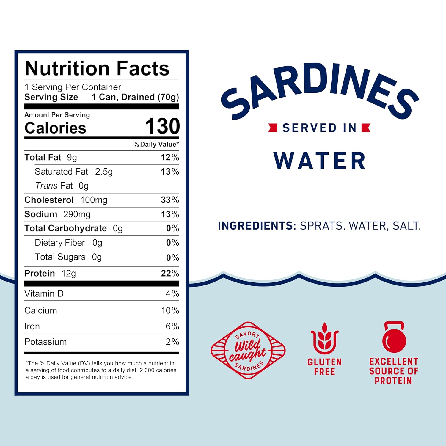 Beach Cliff Wild Caught Sardines in Water, 3.75 oz Cans, 12g Protein per Serving, Gluten Free, Keto Friendly, Pack of 12