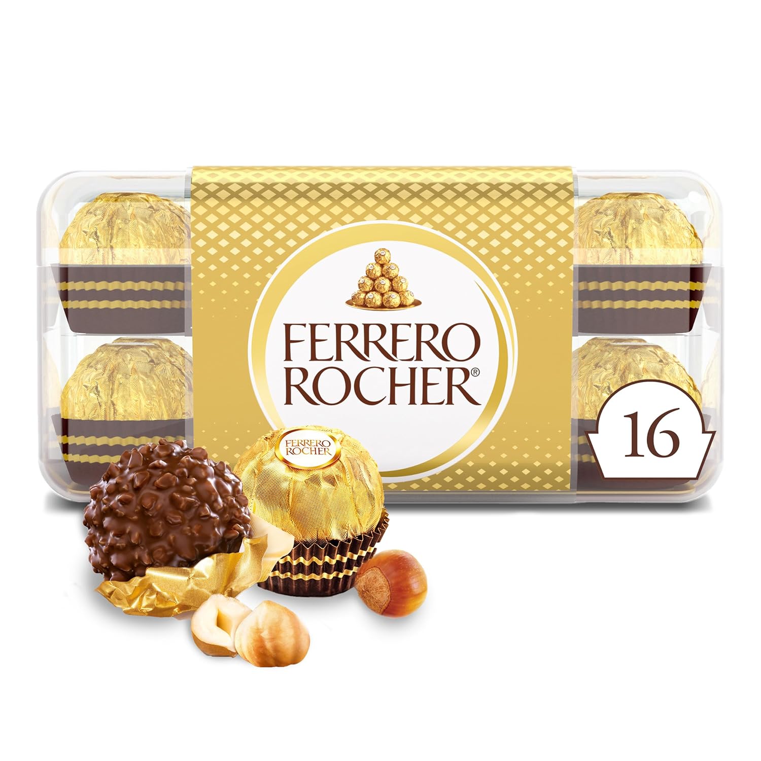 Ferrero Rocher gourmet hazelnut milk chocolate gift box with 16 individually wrapped chocolates, 7 oz, perfect for gifting and sharing