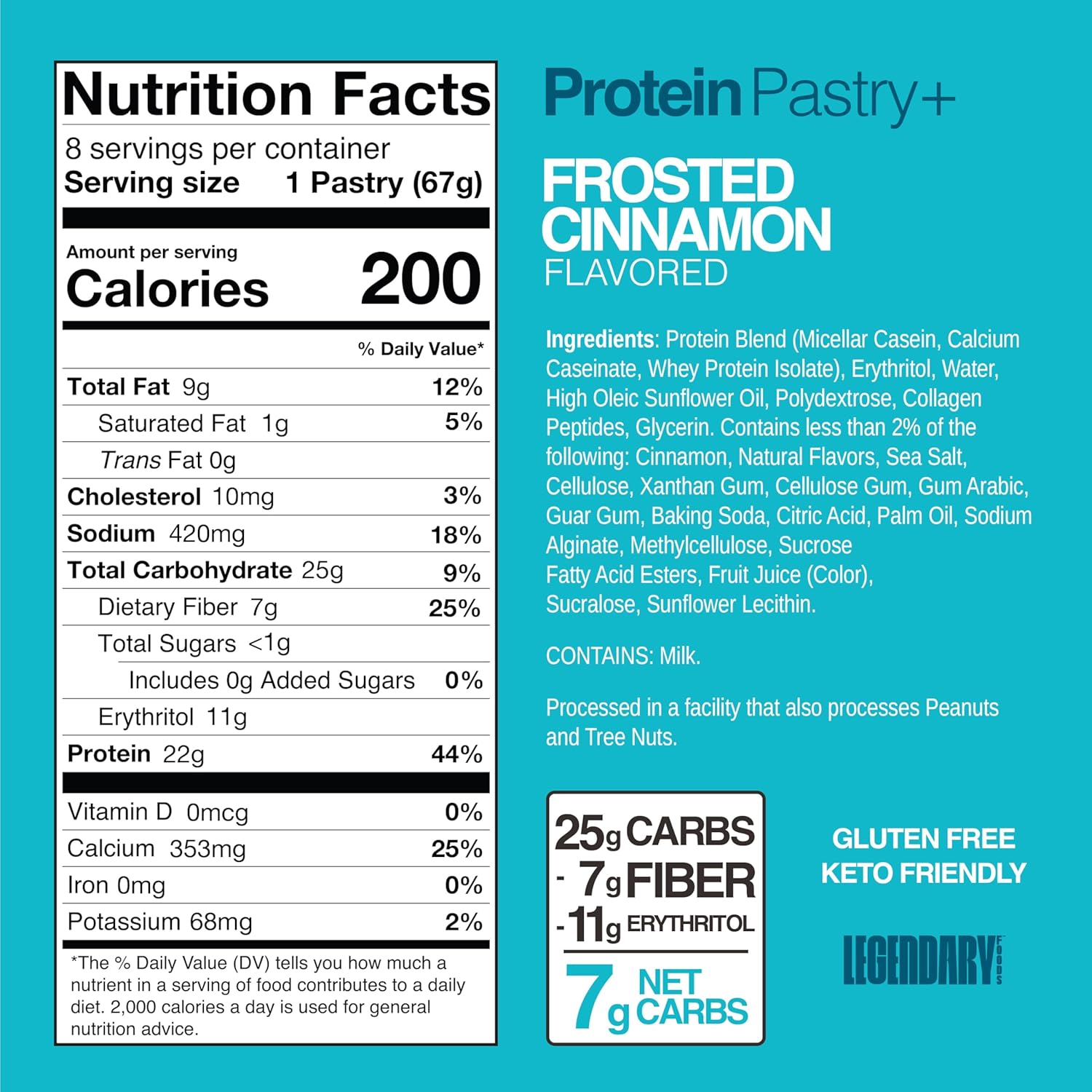 Legendary Foods 22g Protein Pastry, Frosted Cinnamon, Low Carb, Gluten Conscious, Keto Snack, 8 Pack