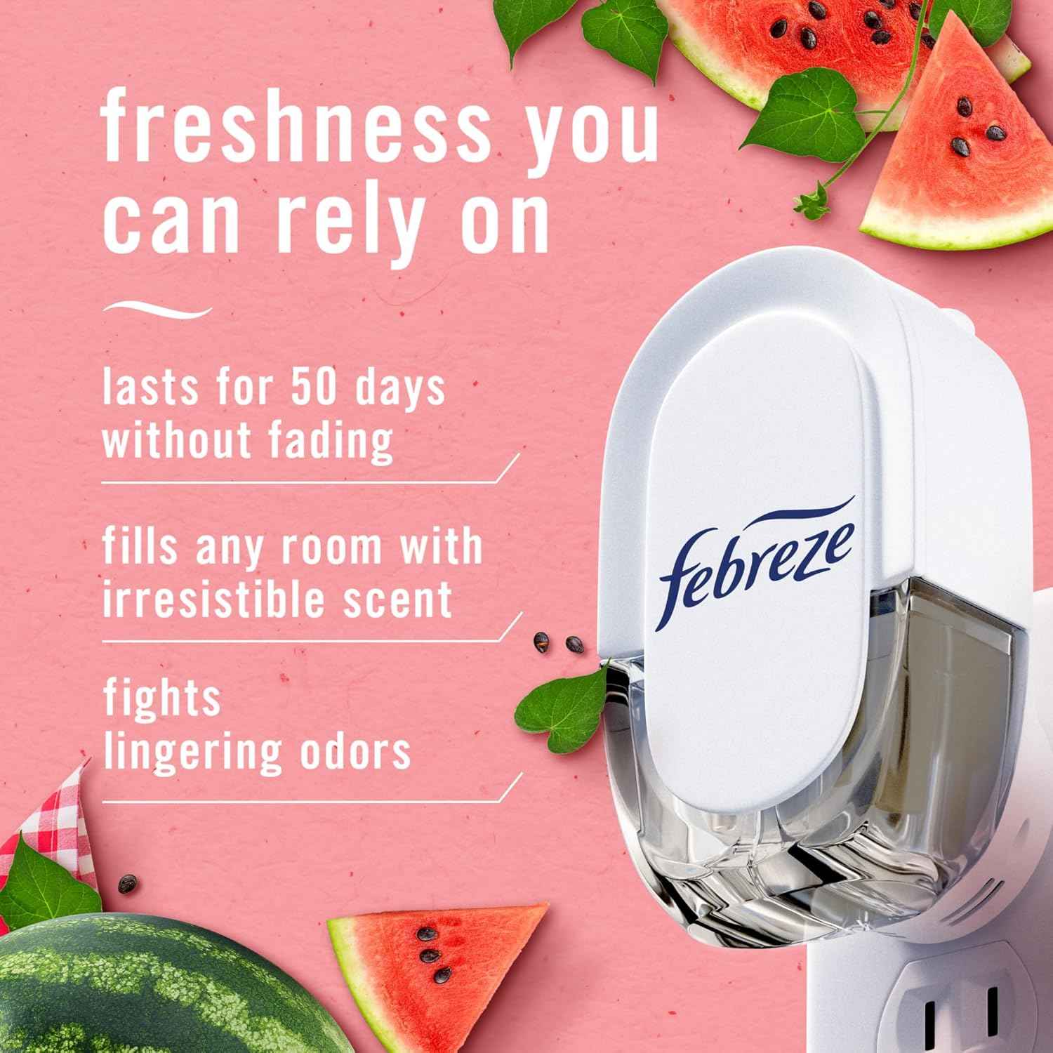 Febreze Plug In Air Freshener, Odor-Fighting Scented Oil Refill, Air Fresheners for Home and Bathroom and Kitchen, Long Lasting for Strong Odors, Sweet Watermelon Vine Scent, 0.87oz Refill, 3 Count