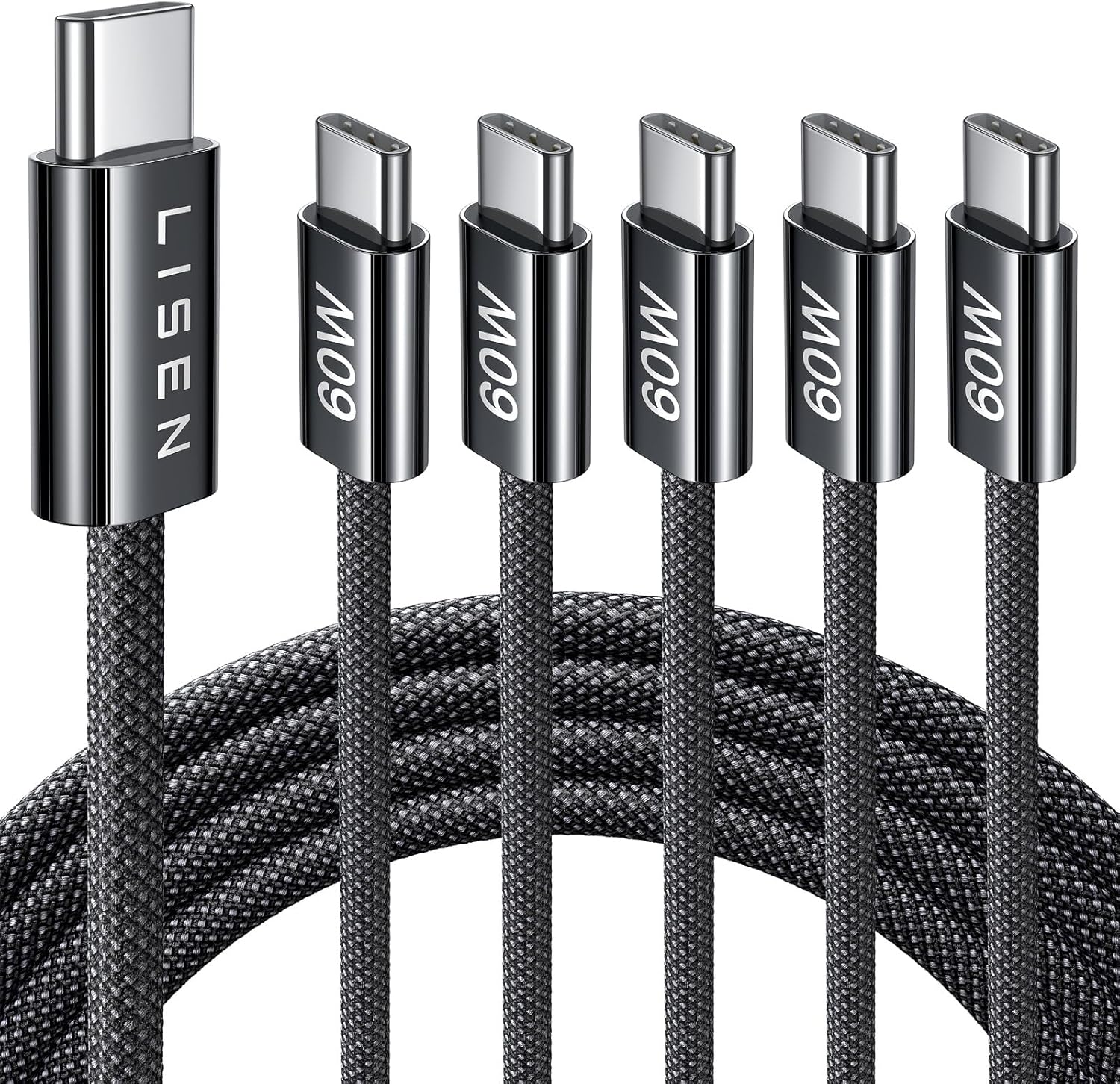 Lisen 5-pack usb c to c cable, 60w fast charging, 10ft for iphone 17, ipad, galaxy s25/s24