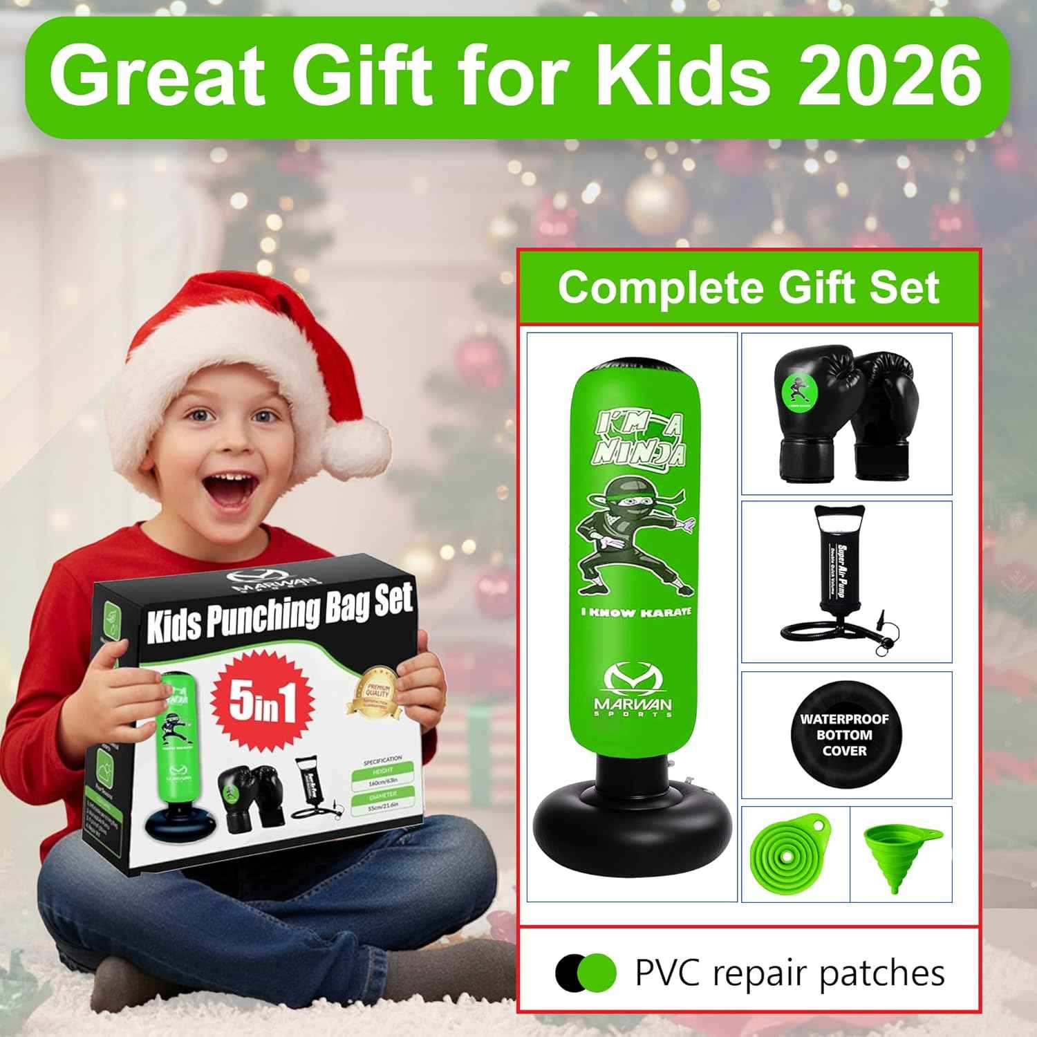 Marwan Sports 5-in-1 Inflatable Punching Bag for Kids – 63" Karate Toy Set with Boxing Gloves, Durable Fast Rebound, Active Play, Stress Relief Christmas/Birthday Gift for Boys & Girls Ages 4-12