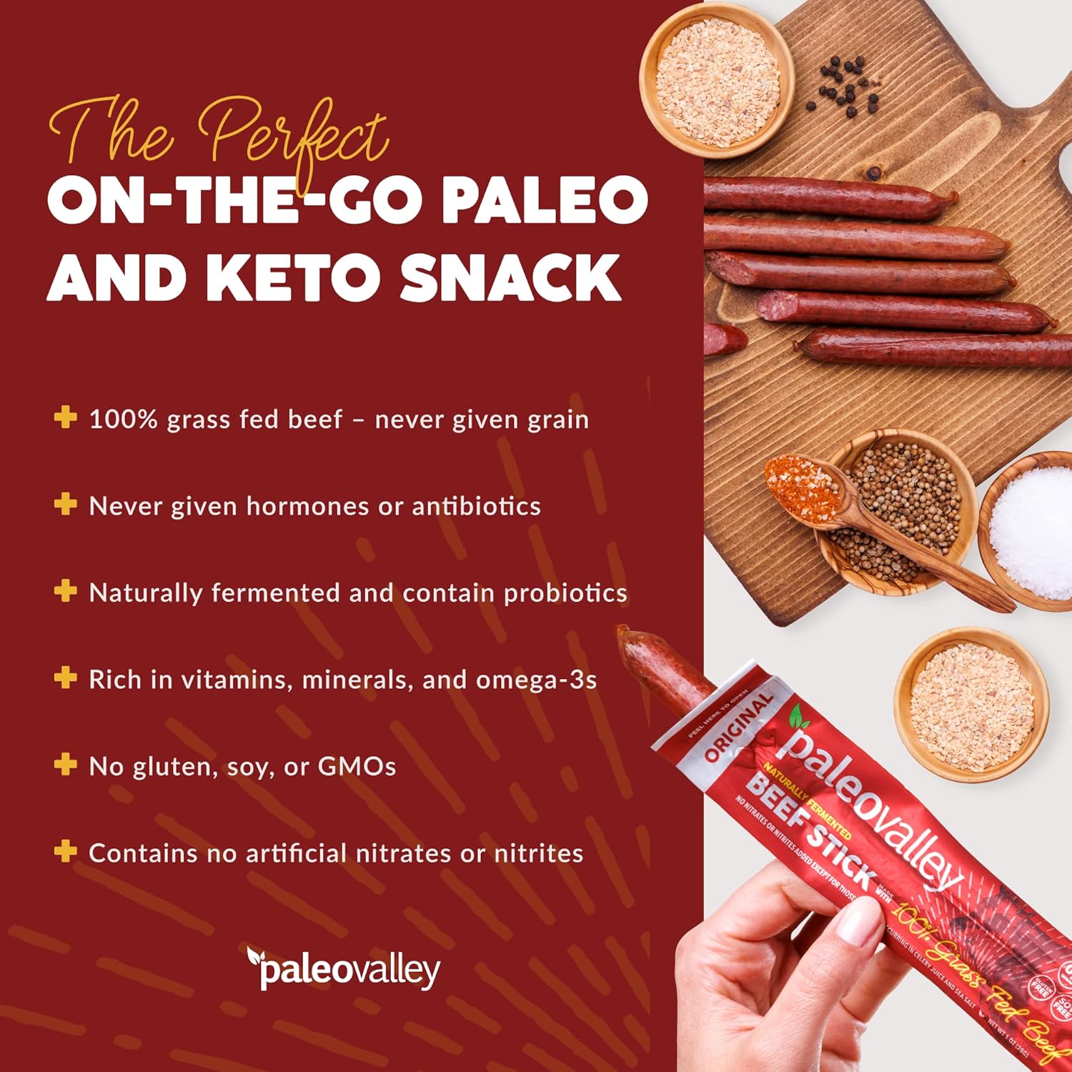 paleovalley 100% grass fed original beef sticks - delicious gluten free snack - keto friendly paleo protein