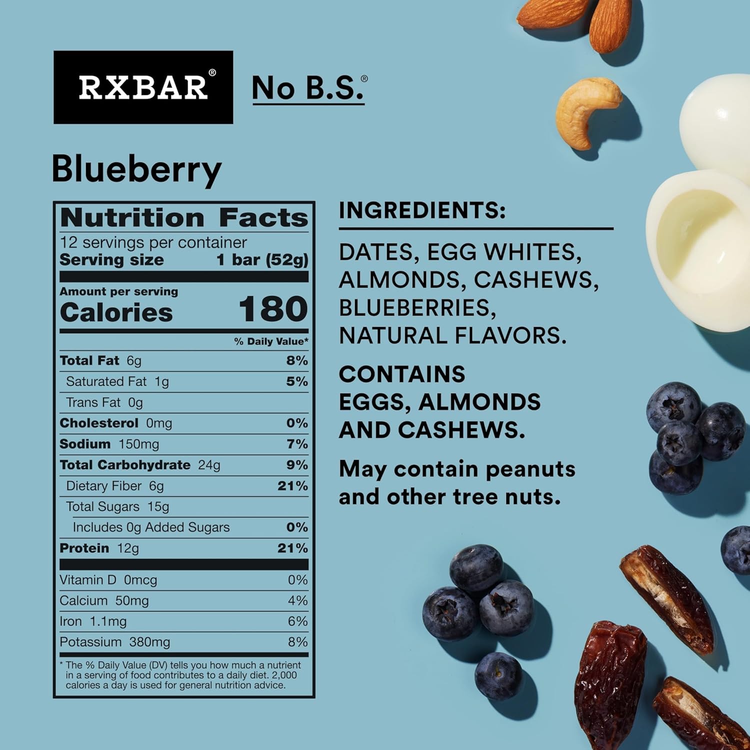 RXBAR Blueberry Protein Snack Bars, 22oz Box, 12 Count, Gluten Free, Kosher Pareve