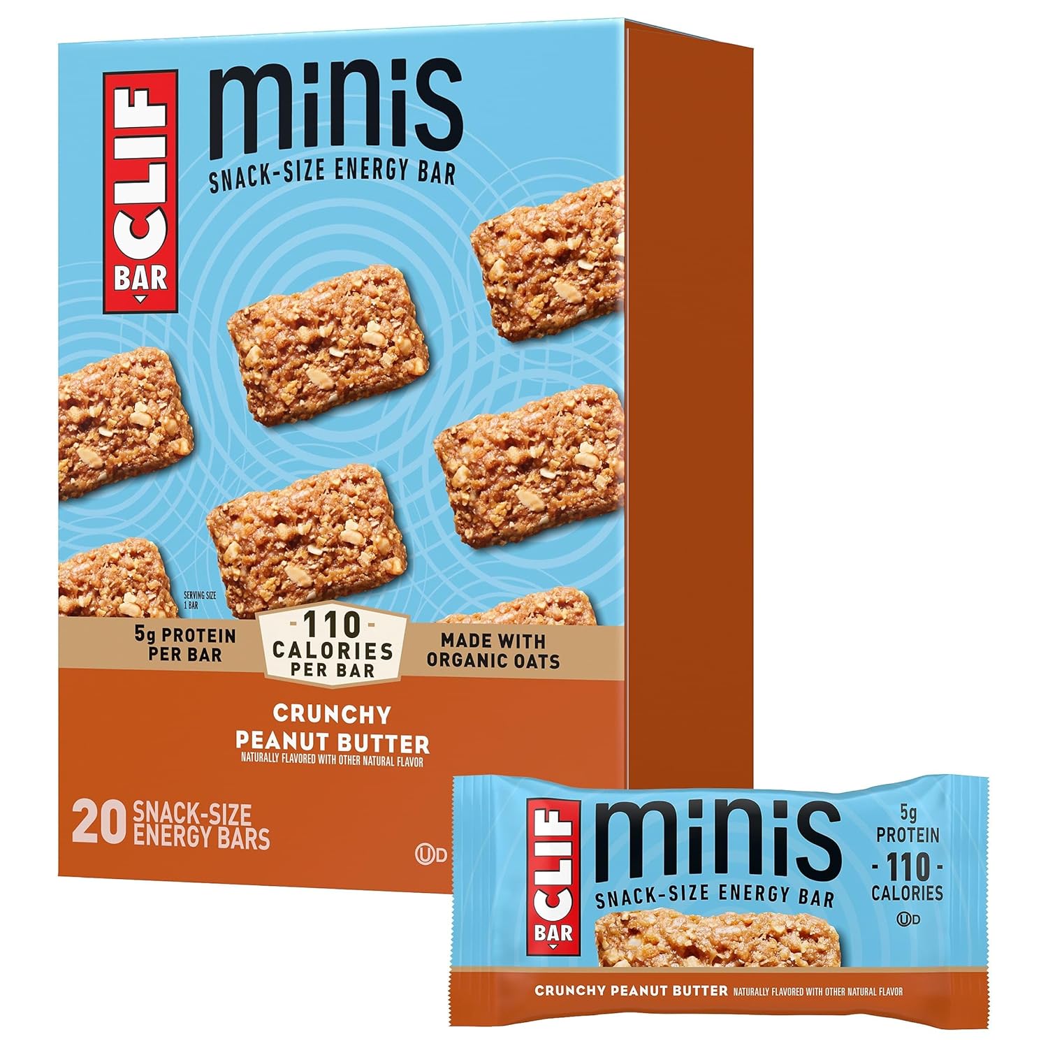 clif bar minis crunchy peanut butter 5g protein non-gmo plant based snack size 20 pack
