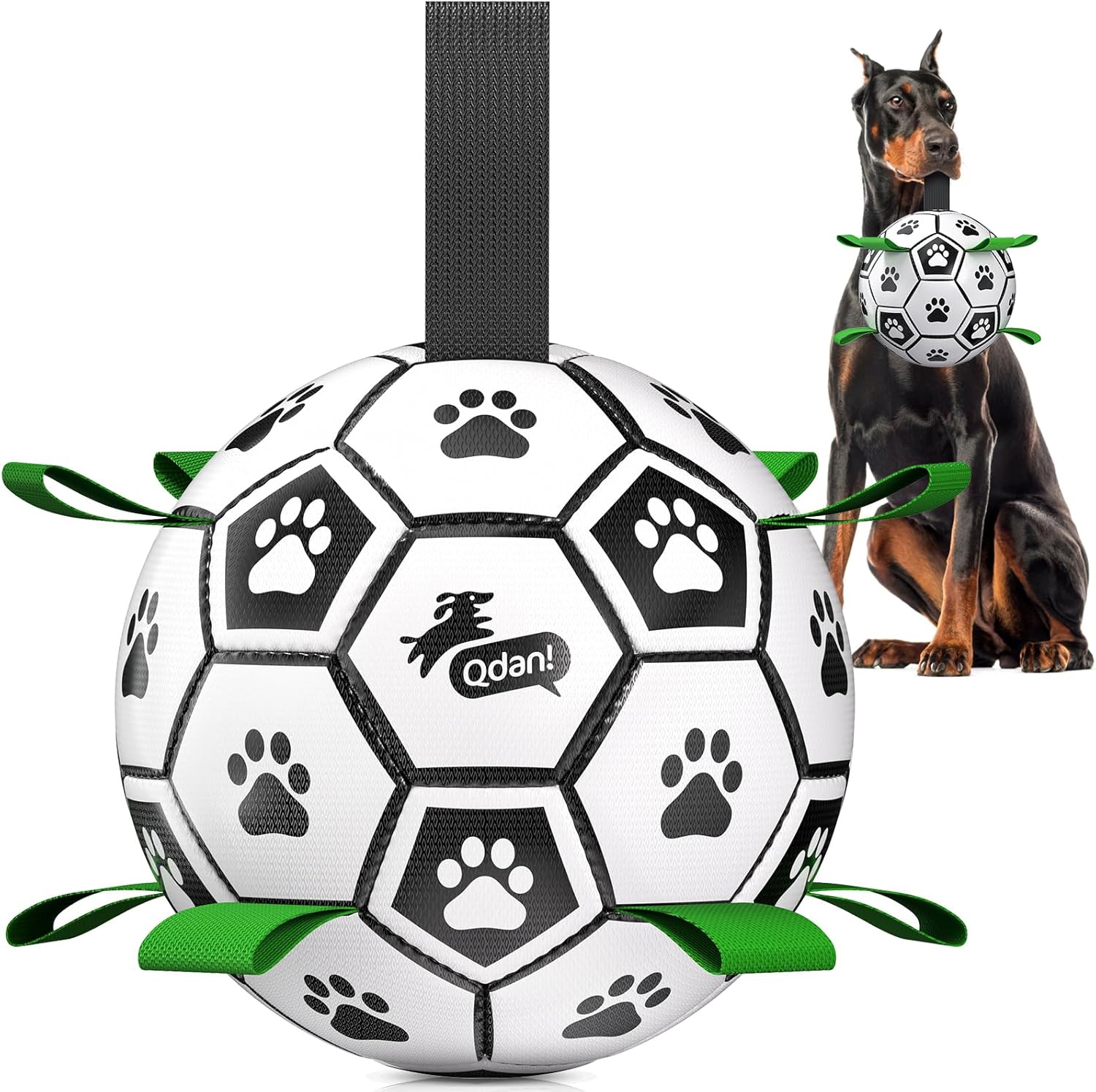 Qdan dog toys 6 inch world cup dog soccer ball with straps for small medium pet outdoor play