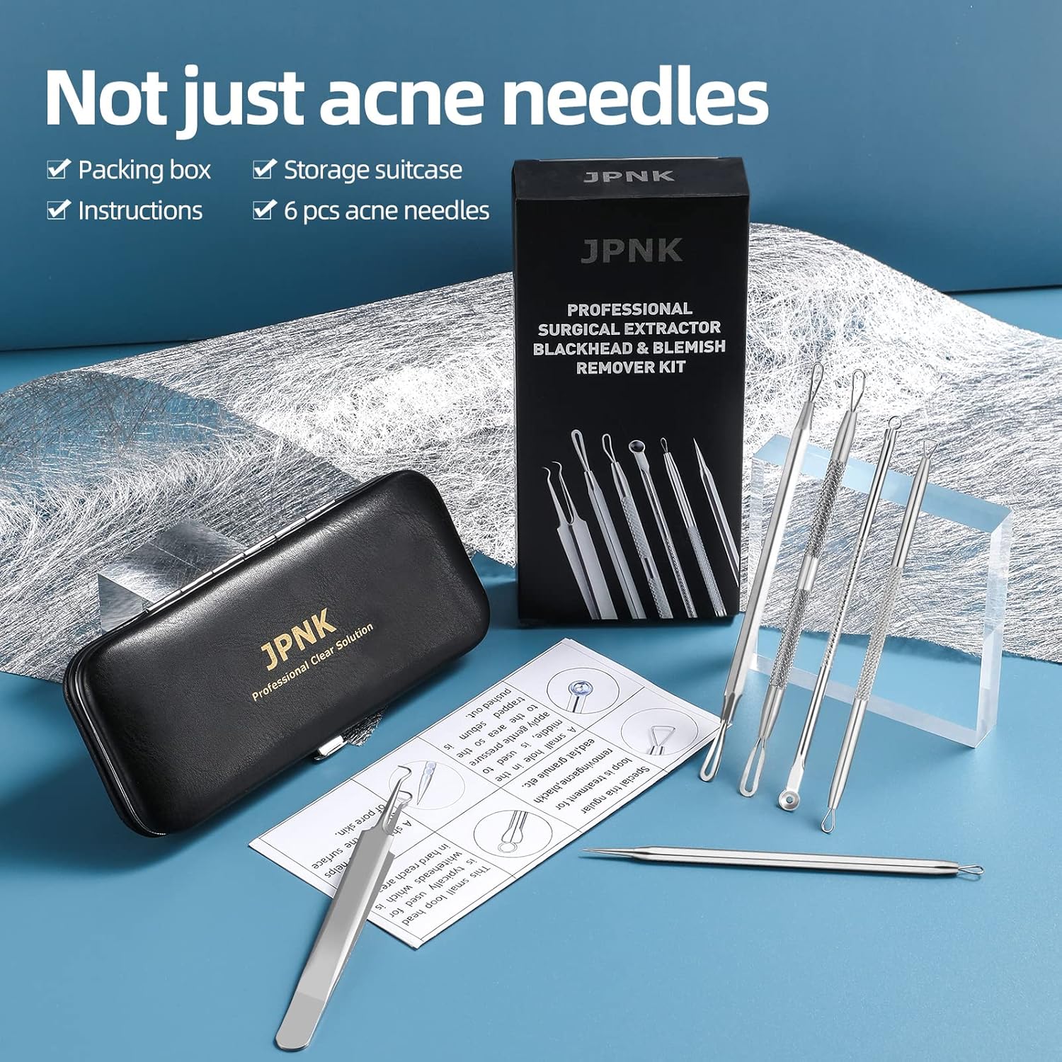jpnk blackhead remover tool comedones extractor acne removal kit for blemish whitehead popping 6 pc zit removing for nose face tools with leather bag