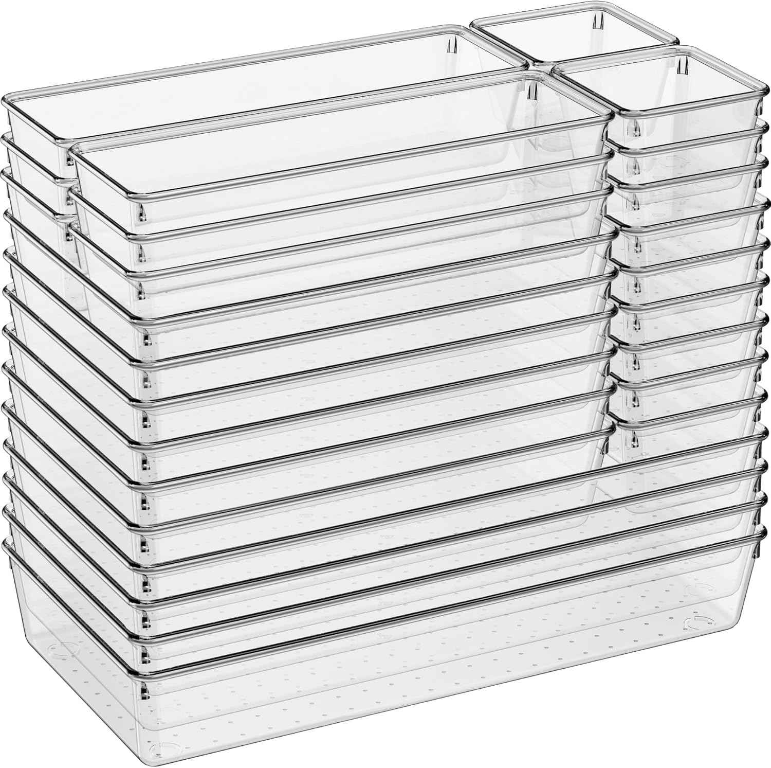 Criusia Large Drawer Organizer Bins 26 Pack | Complete 5 Size Clear Plastic Kitchen Drawer Organizers for Utensils | Bathroom Drawer Organizer Trays | Versatile for Makeup Office Organization