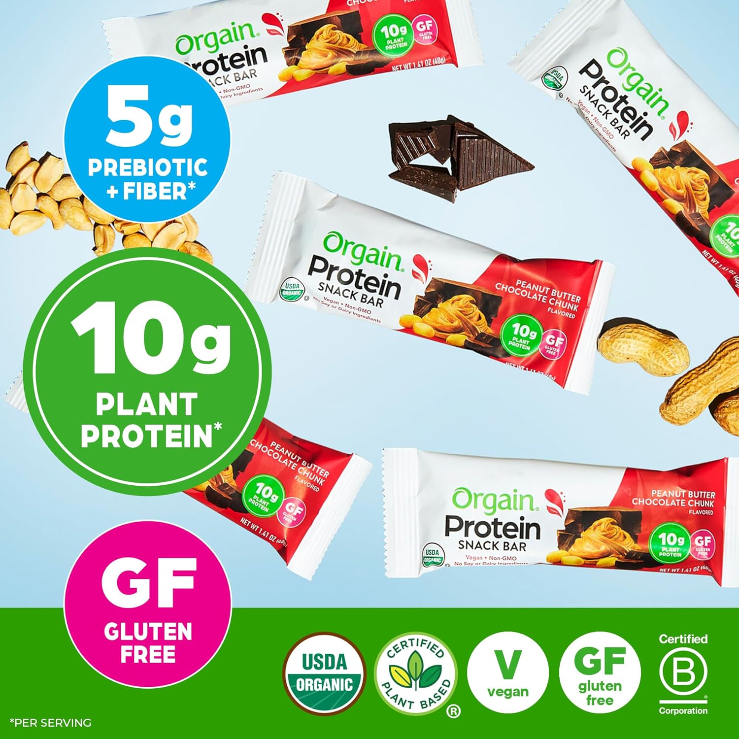 Orgain organic vegan protein bars, 10g plant based protein, peanut butter chocolate chunk, gluten free, non-gmo, 1.41 oz, pack of 12