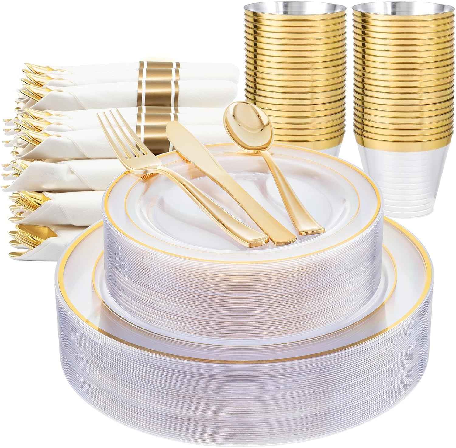 WELLIFE 700 Pieces Gold Plastic Dinnerware Set for 100 Guests - Includes Plates, Cups, Napkins, and Disposable Cutlery - Elegant White & Gold Design, Perfect for Parties and Events