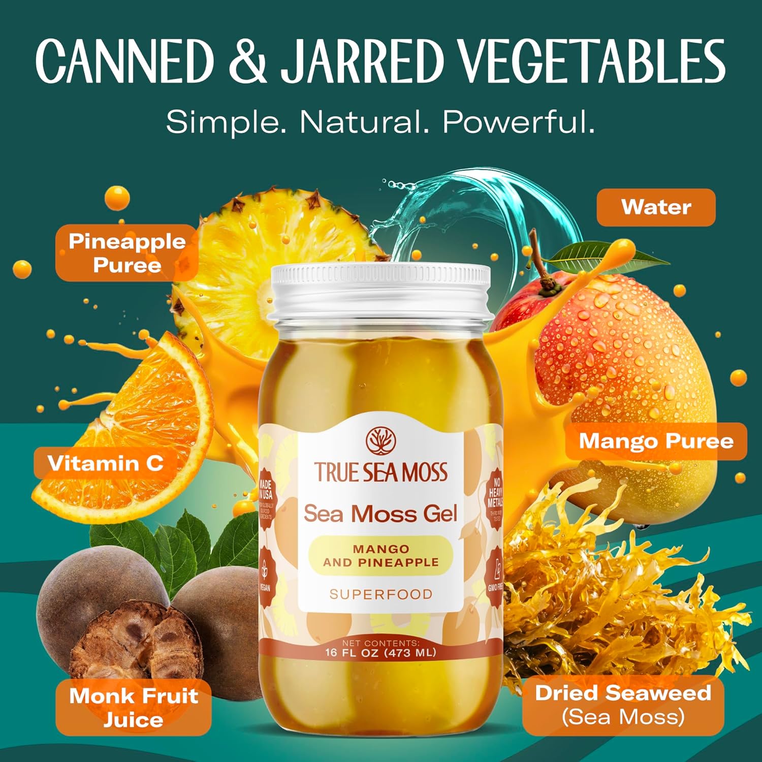 TrueSeaMoss USA-made Sea Moss Gel - Mango/Pineapple, 1 Pack - Wildcrafted Seamoss, Fruits, and Jarred Vegetables