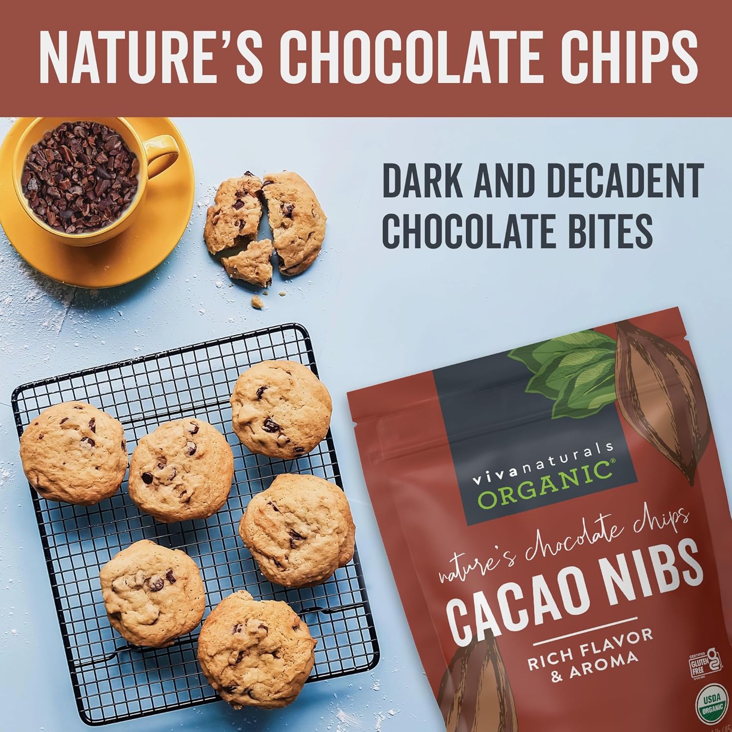 Viva Naturals Organic Cacao Nibs, 1 LB (454 g), Unsweetened, Keto Friendly, Vegan, Non-GMO, Gluten-Free