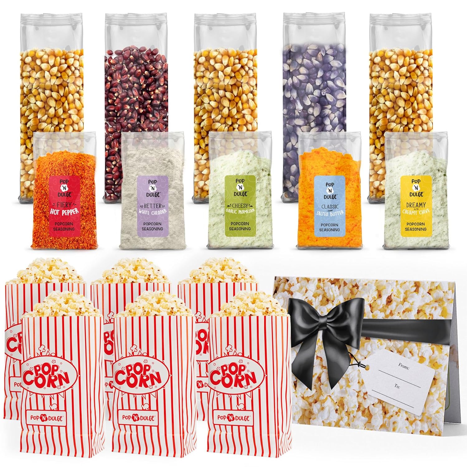 Pop n' Dulge popcorn movie night gift set with 5 gourmet kernels and 5 seasoning packs - 16 piece non-GMO kosher snacks