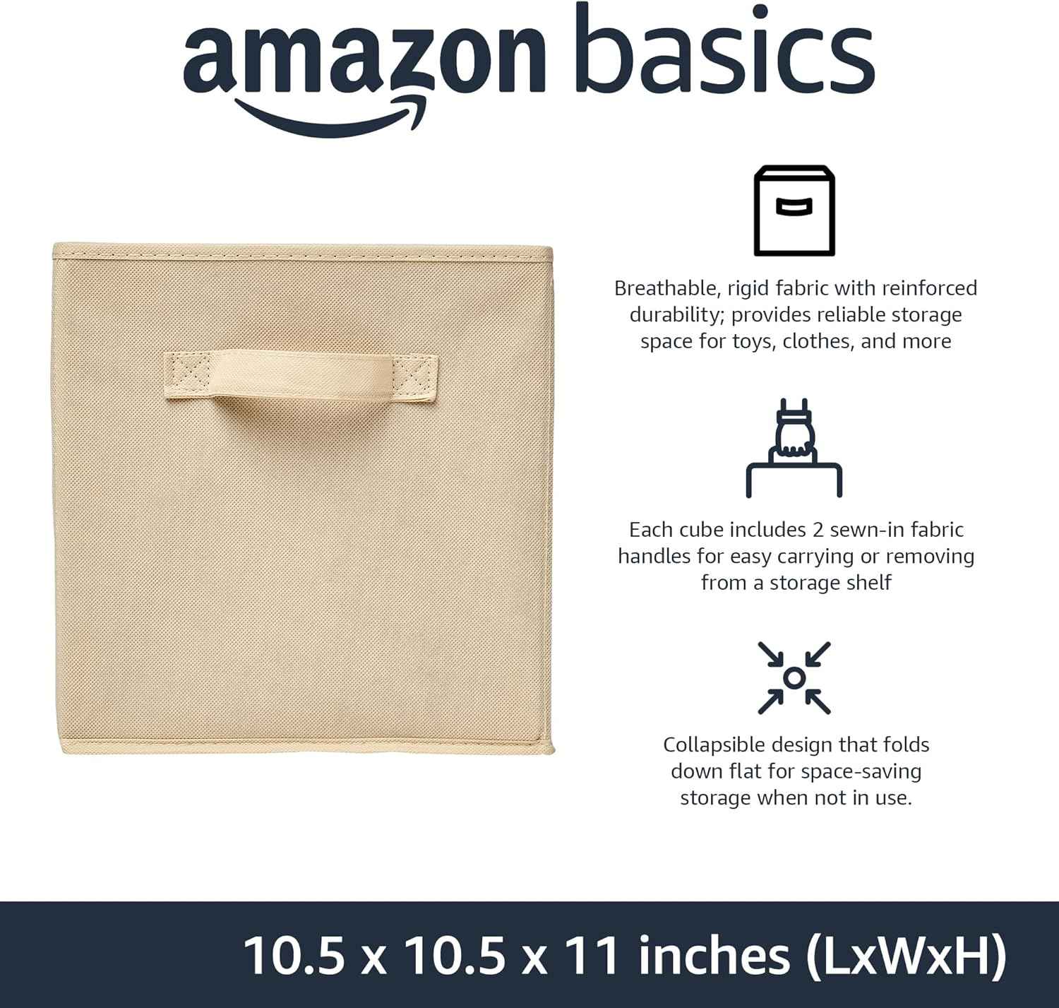 Amazon Basics Collapsible Fabric Storage Cubes Organizer with Handles, Sturdy, Beige, 10.5-x-10.5-x-11-inch, Pack of 6