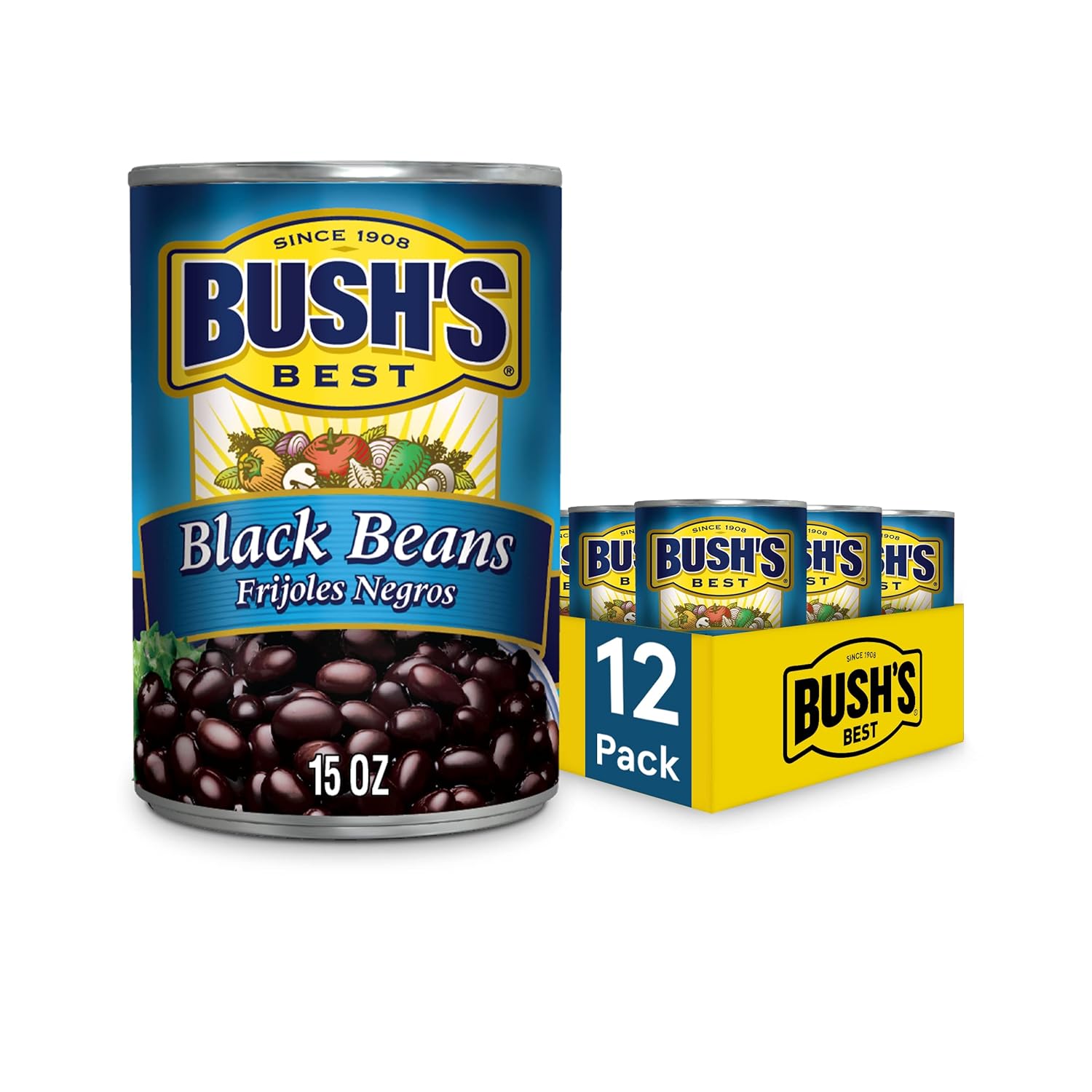 Bush's Best 15 oz canned black beans, gluten-free, low fat, source of plant-based protein and fiber, pack of 12