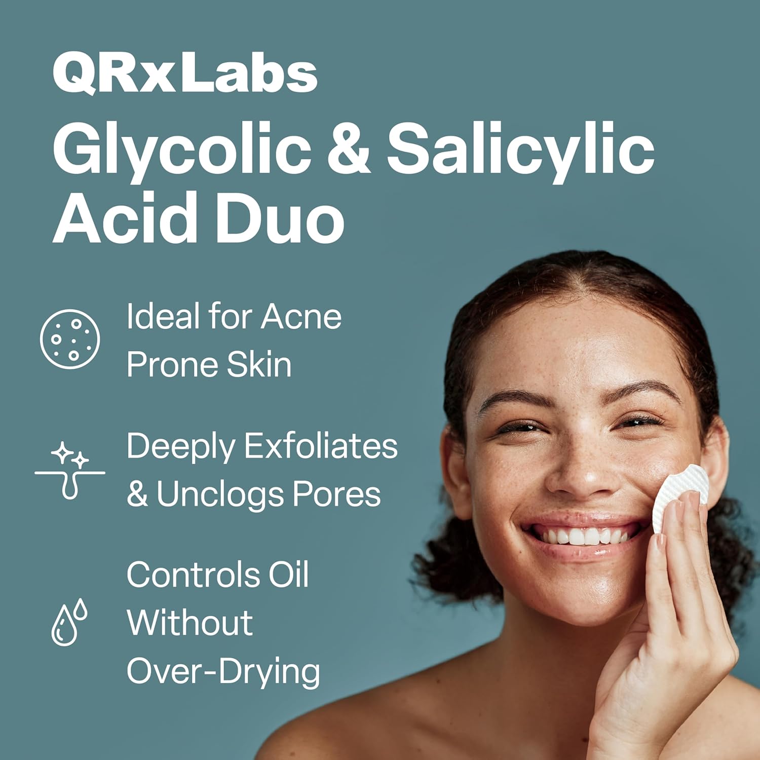 qrxlabs salicylic & glycolic acid pads 2% salicylic & 10% glycolic acne pads for face & bacne with vitamins b5, c, e, calendula, and green tea - 50 count