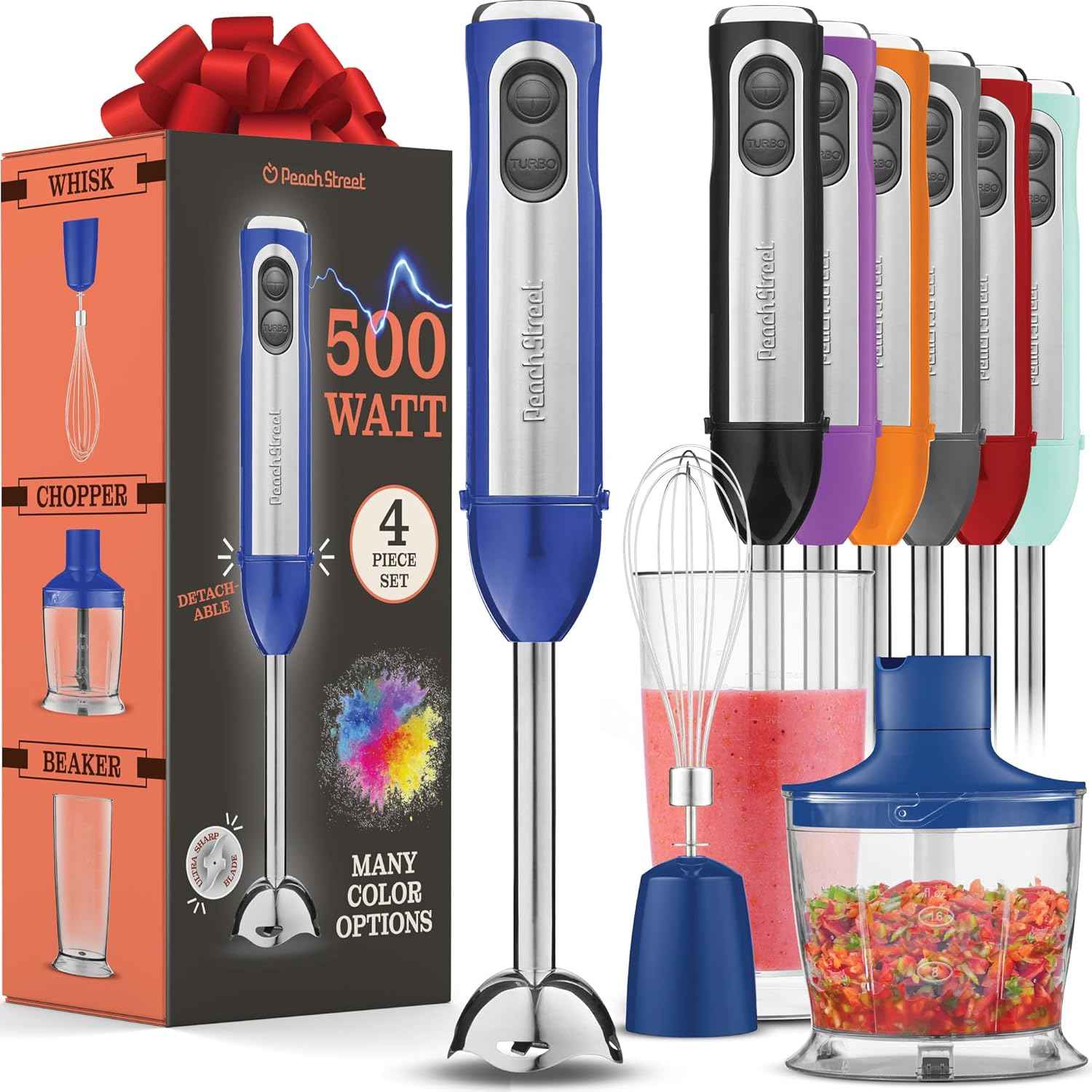 Powerful Immersion Blender, Electric Hand Blender 500 Watt with Turbo Mode, Detachable Base. Handheld Kitchen Gadget Blender Stick for Soup, Smoothie, Puree, Baby Food, 304 Stainless Steel Blades