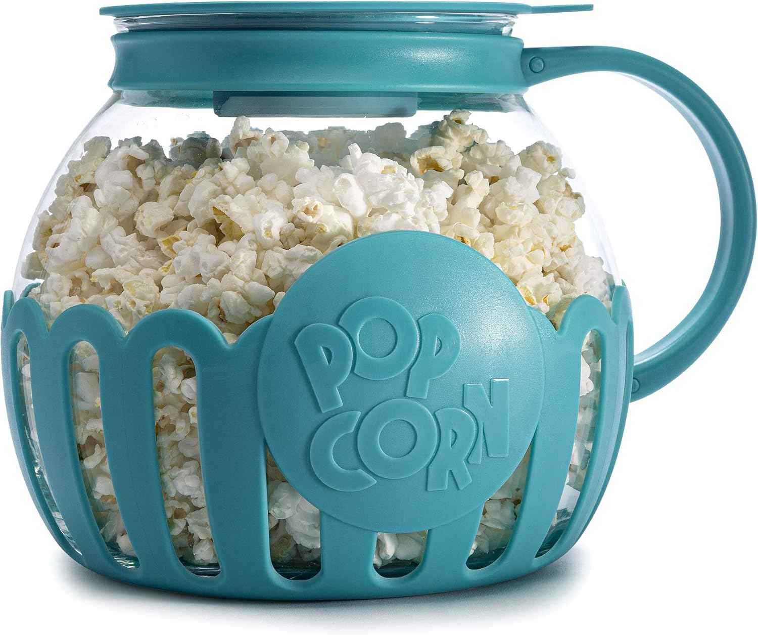 Ecolution Patented Micro-Pop Microwave Popcorn Popper with Temperature Safe Glass, 3-in-1 Lid Measures Kernels and Melts Butter, Made Without BPA, Dishwasher Safe, 1.5-Quart, Aqua