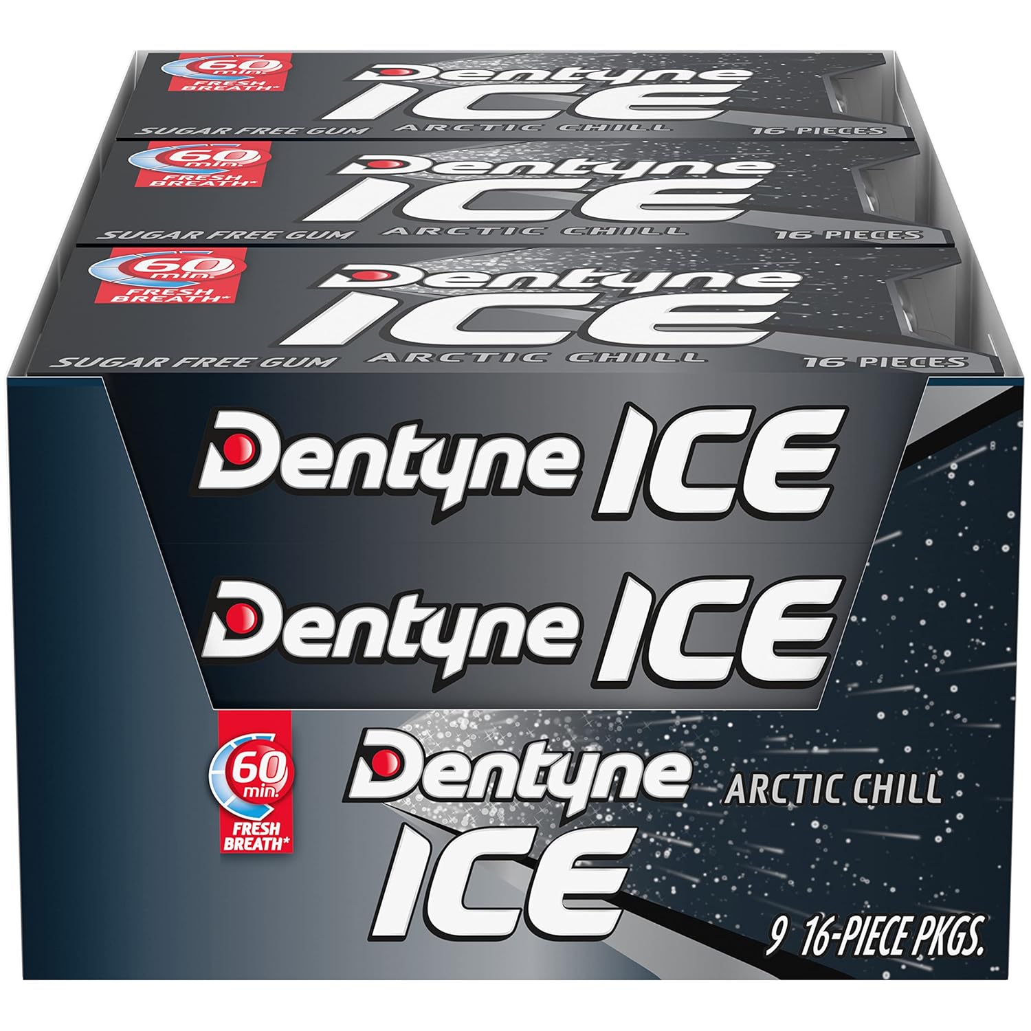 dentyne ice arctic chill sugar free gum, 9 packs of 16 pieces each, 144 total pieces