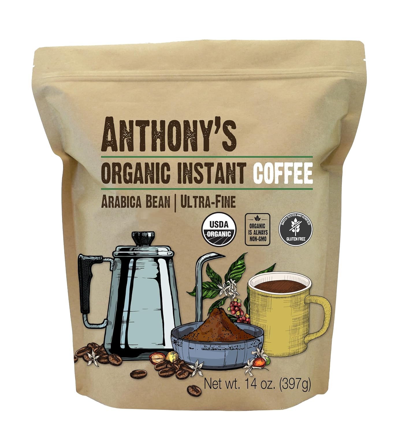 Anthony's organic ultra-fine microground instant coffee, 14oz, gluten-free, arabica, non-gmo