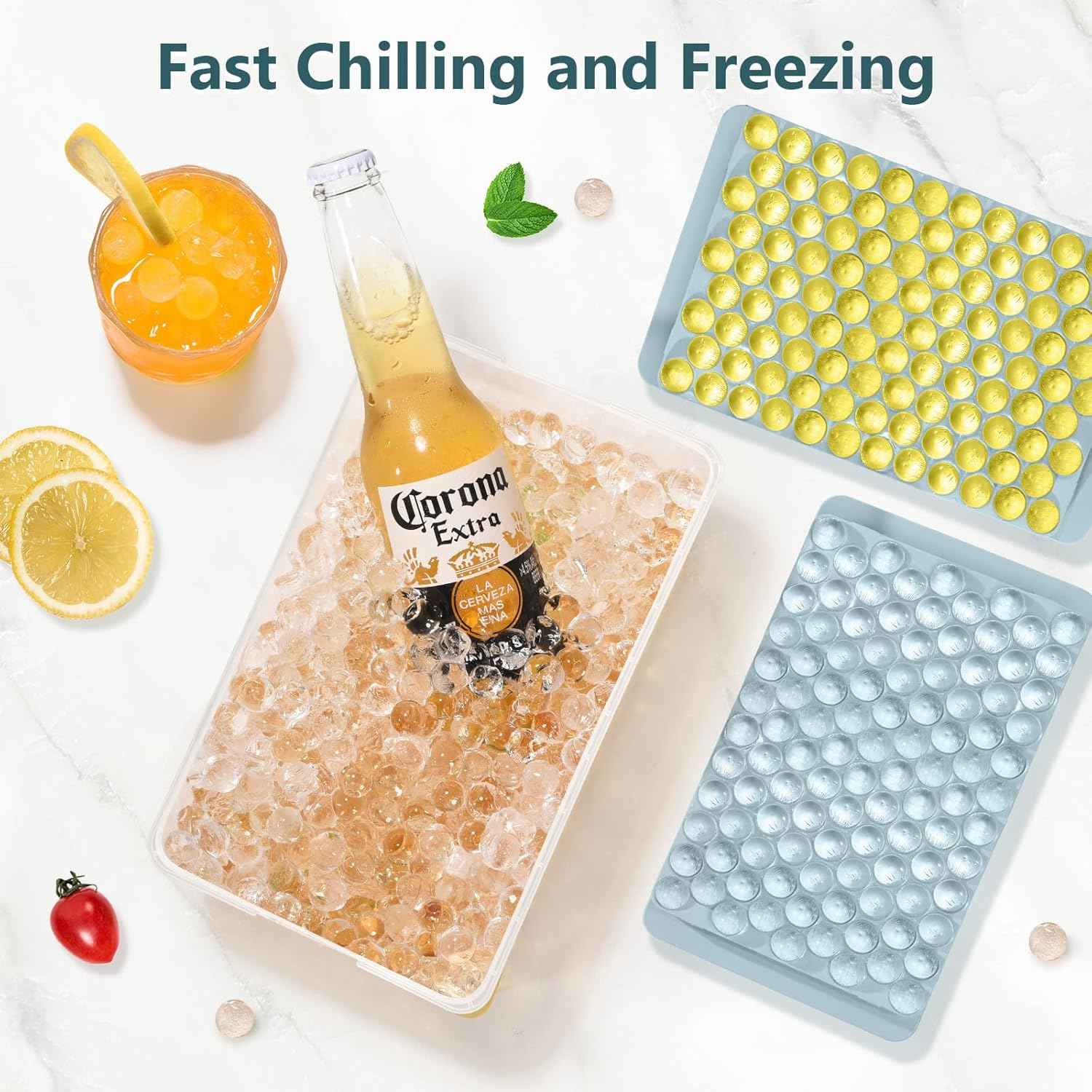 WIBIMEN Mini Ice Cube Trays, Small Tiny Round Pebble Crushed Nugget Ice Trays for Freezer with Lid - Chilling Drinks Coffee Juice(2 Pack/0.55In - Blue)