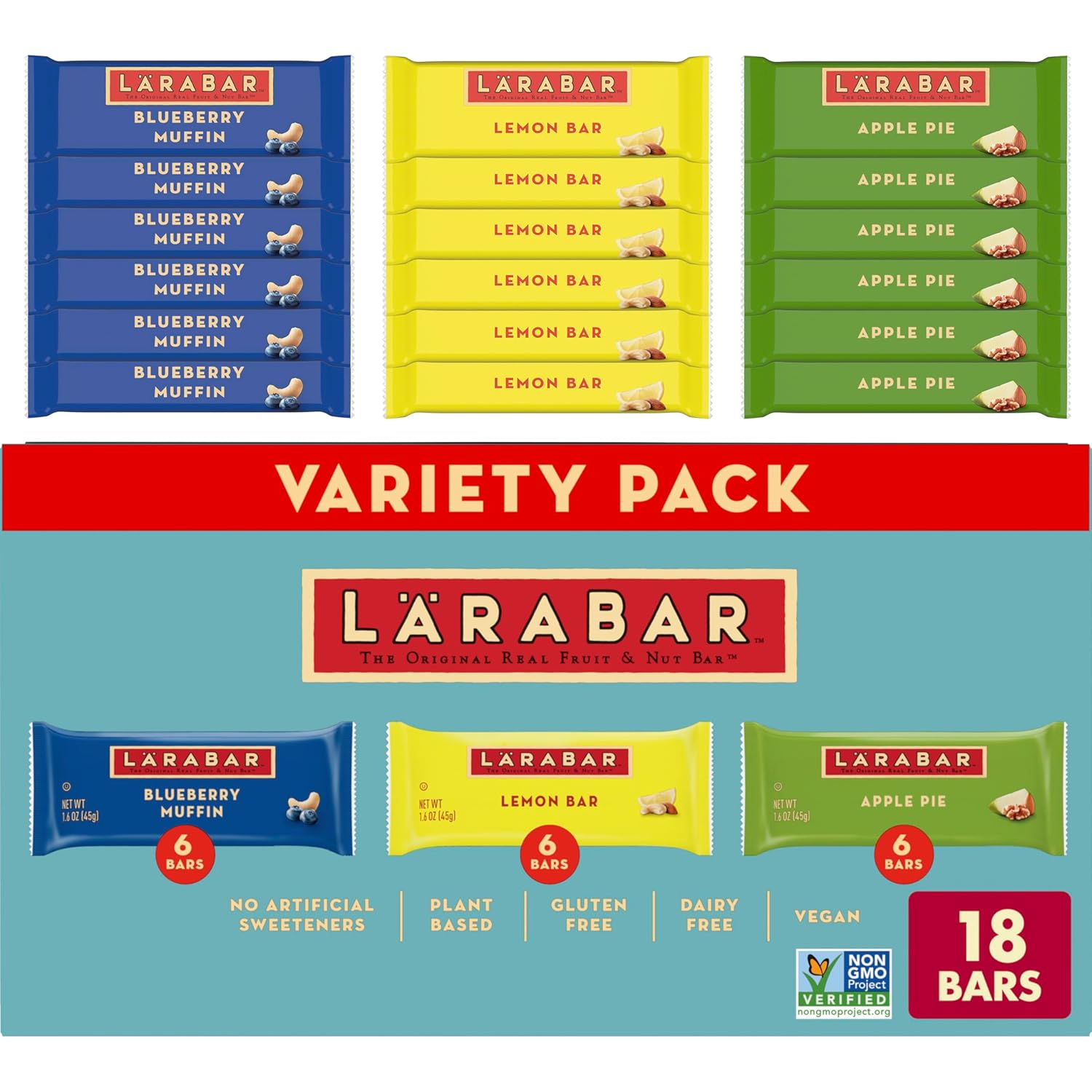 larabar fruit & nut bars 18 count variety pack, blueberry muffin lemon apple pie, vegan gluten free dairy free